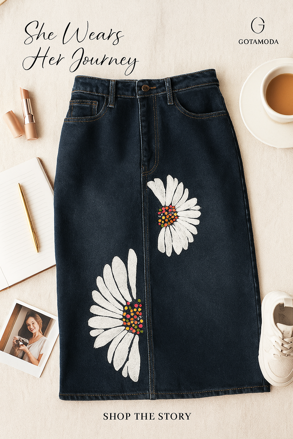 Flat lay dark midi denim skirt with white daisy prints styled with coffee notebook and sneakers Unique Denim Skirts