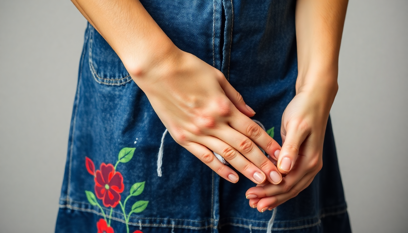 Close-up of hands and hand painted denim skirt with red flowers showing how to care for hand painted denim