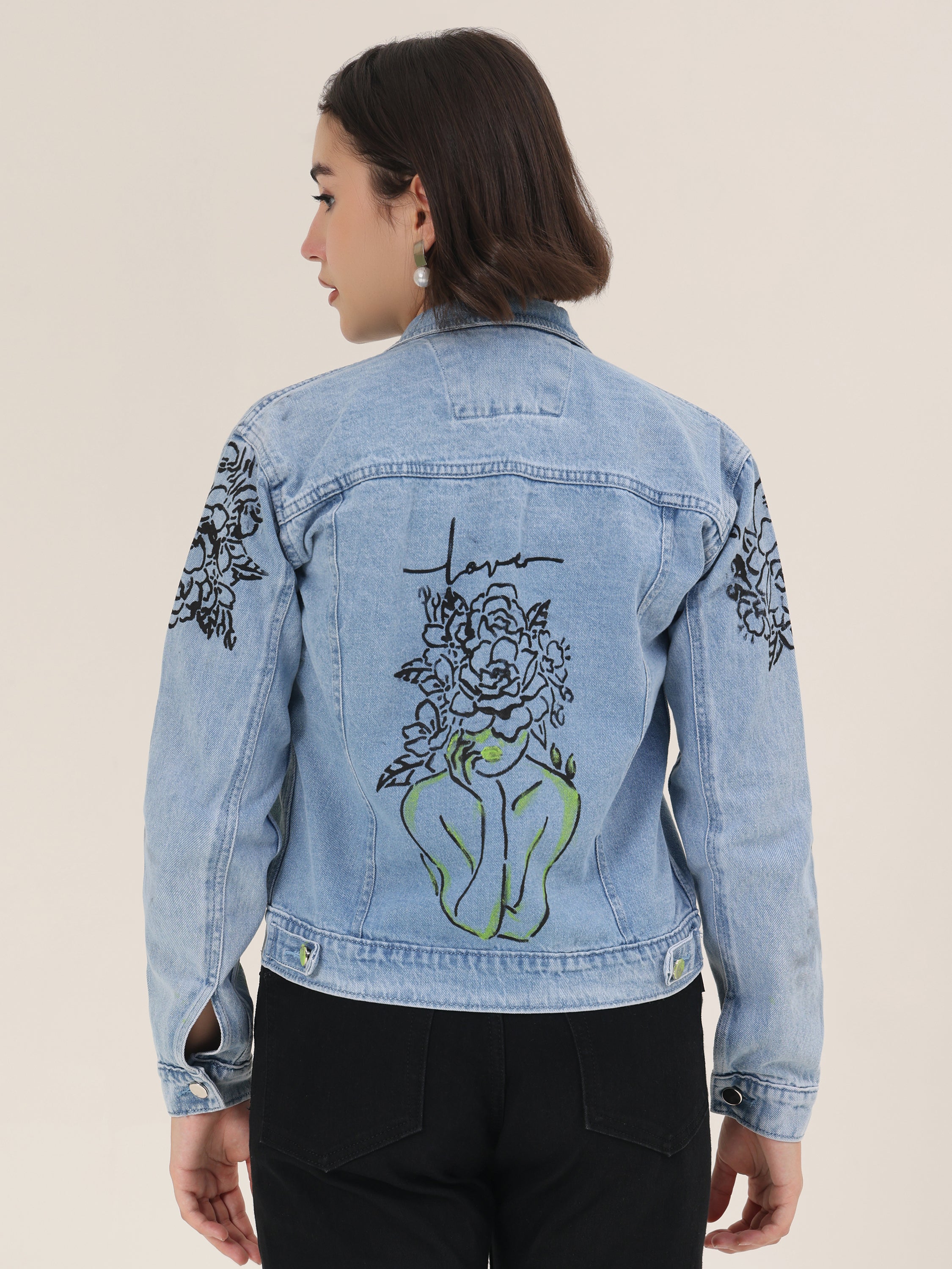 Love Muse Hand-Painted Denim Jacket for Women – Artistic Floral Outline Edition