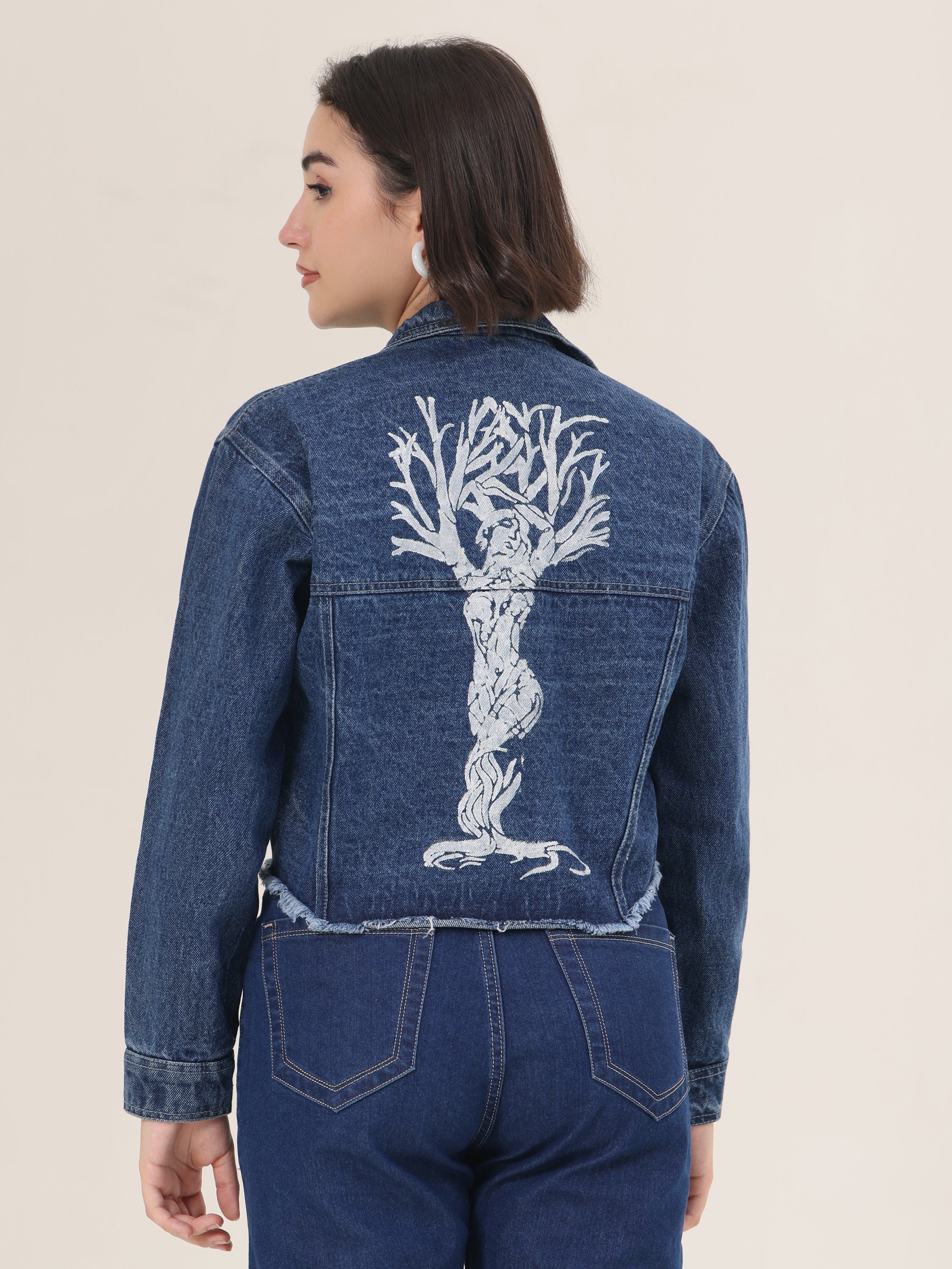 White Forest Hand-Painted Dark Denim Crop Jacket for Women – Premium Artistic Jacket