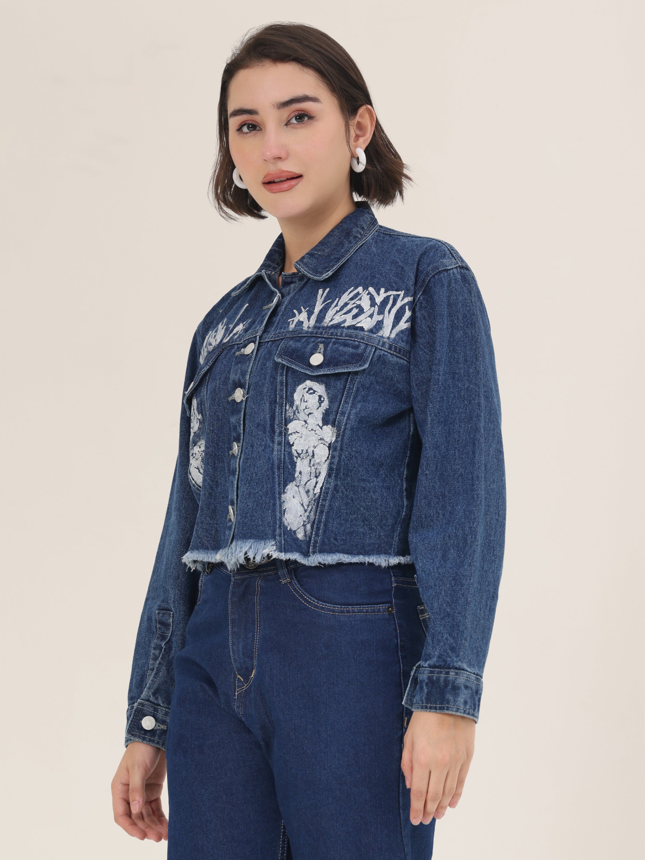 White Forest Hand-Painted Dark Denim Crop Jacket for Women – Premium Artistic Jacket