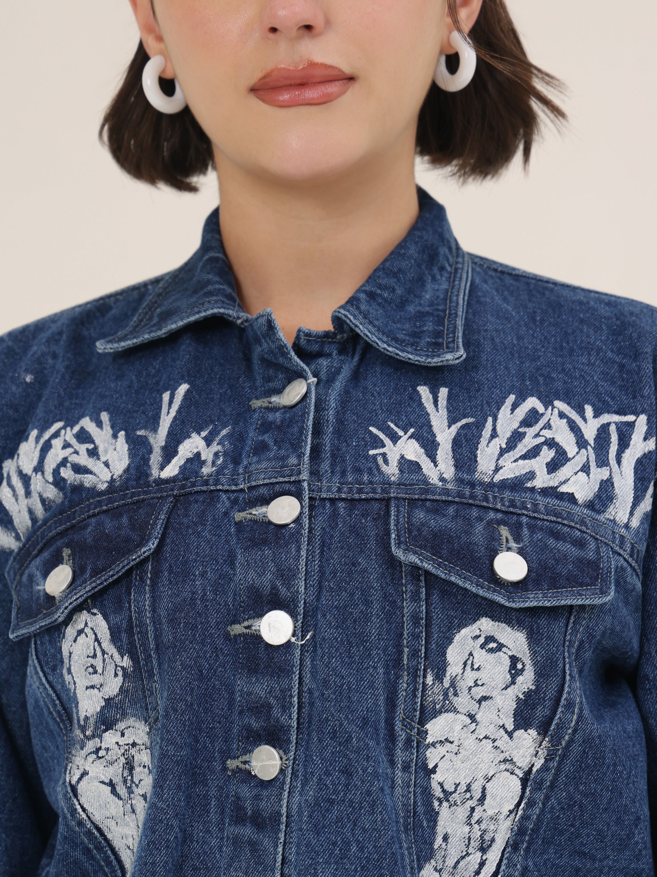 White Forest Hand-Painted Dark Denim Crop Jacket for Women – Premium Artistic Jacket