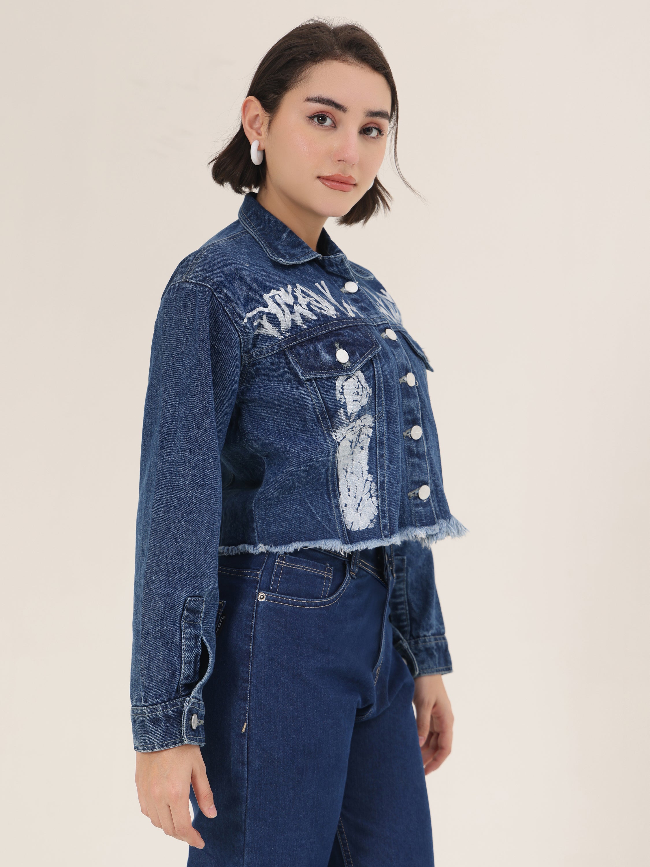 White Forest Hand-Painted Dark Denim Crop Jacket for Women – Premium Artistic Jacket