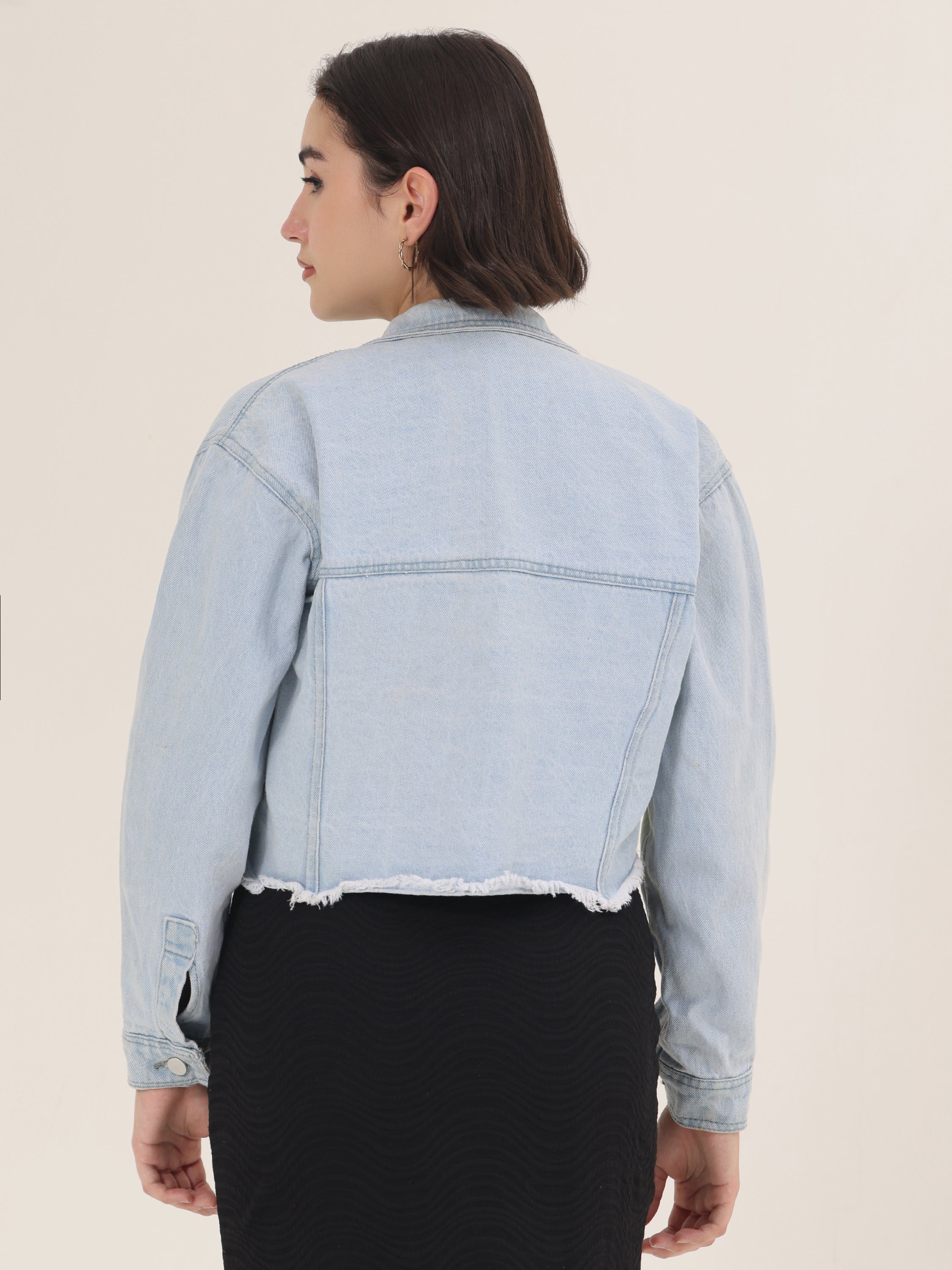 Green Harvest Hand-Painted Cropped Denim Jacket for Women – Nature Art Edition