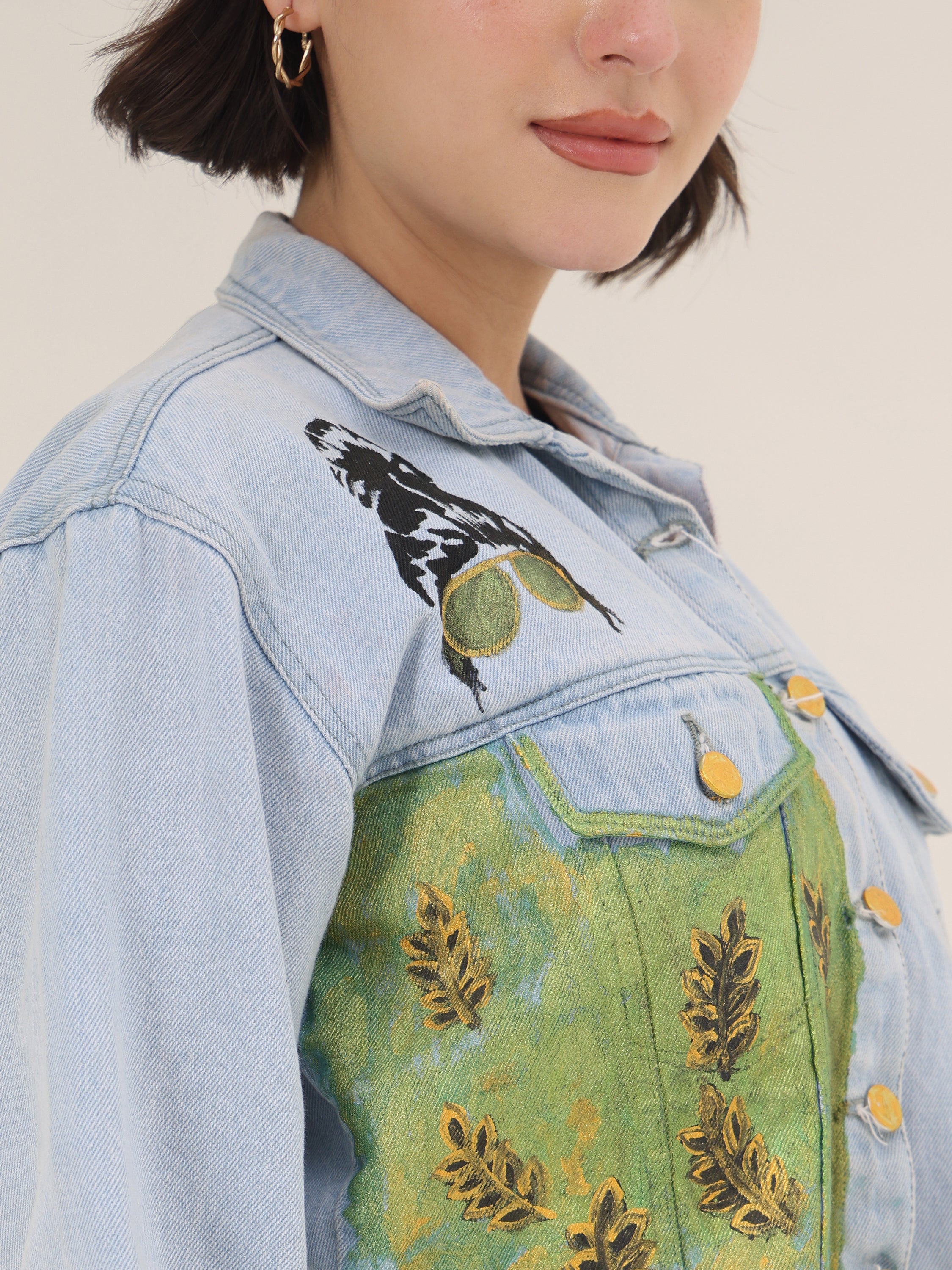 Green Harvest Hand-Painted Cropped Denim Jacket for Women – Nature Art Edition