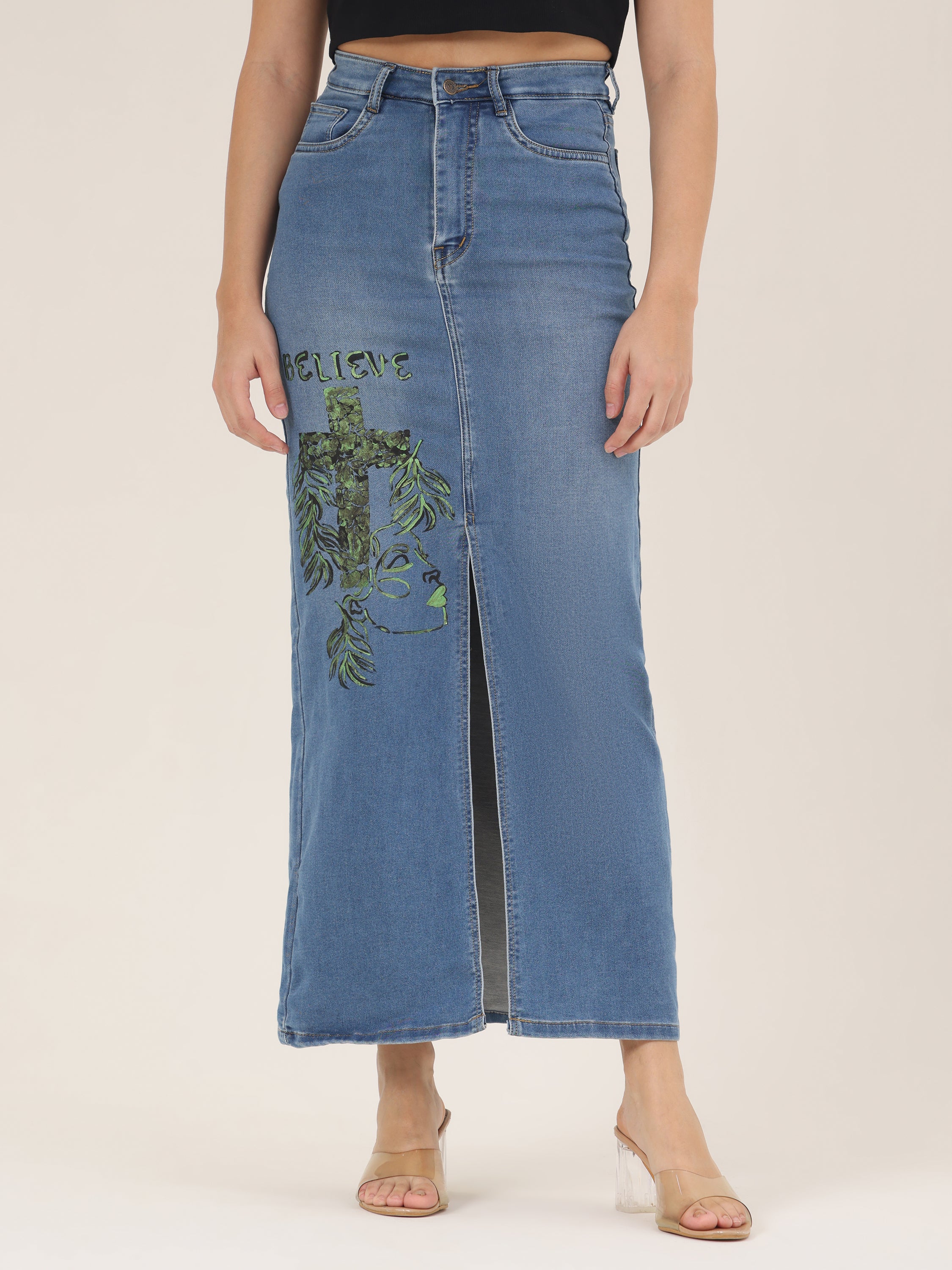 Believe Faith Edition Hand-Painted Denim Maxi Skirt for Women – High-Slit Premium Long Skirt
