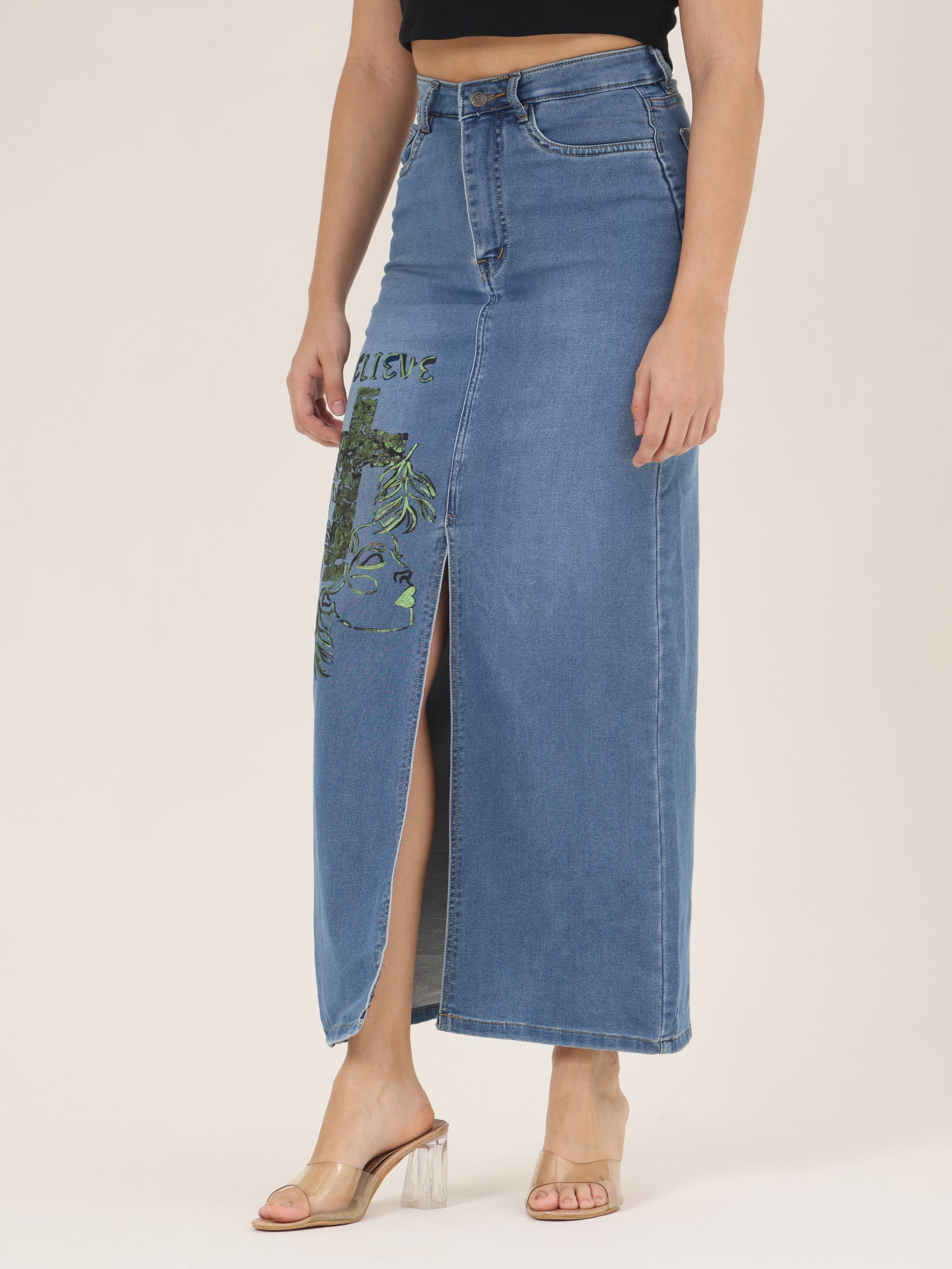 Believe Faith Edition Hand-Painted Denim Maxi Skirt for Women – High-Slit Premium Long Skirt