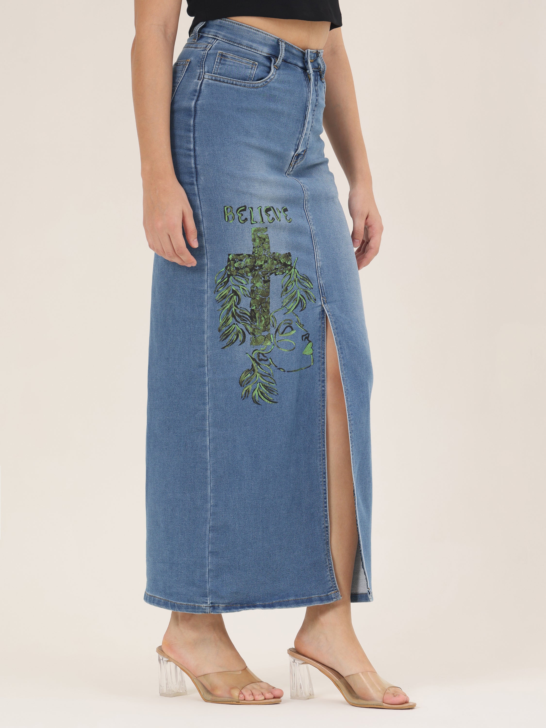 Believe Faith Edition Hand-Painted Denim Maxi Skirt for Women – High-Slit Premium Long Skirt