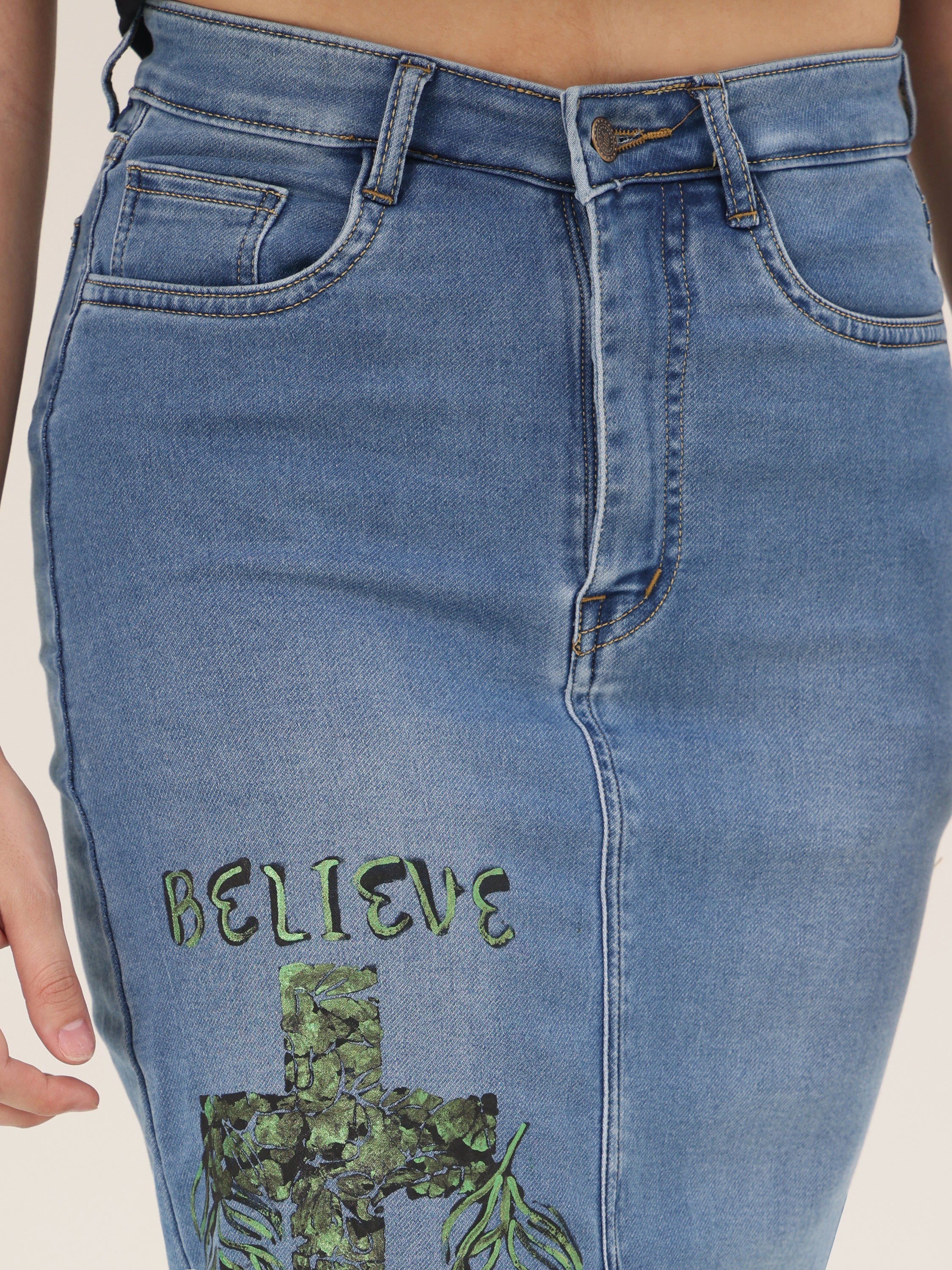 Believe Faith Edition Hand-Painted Denim Maxi Skirt for Women – High-Slit Premium Long Skirt