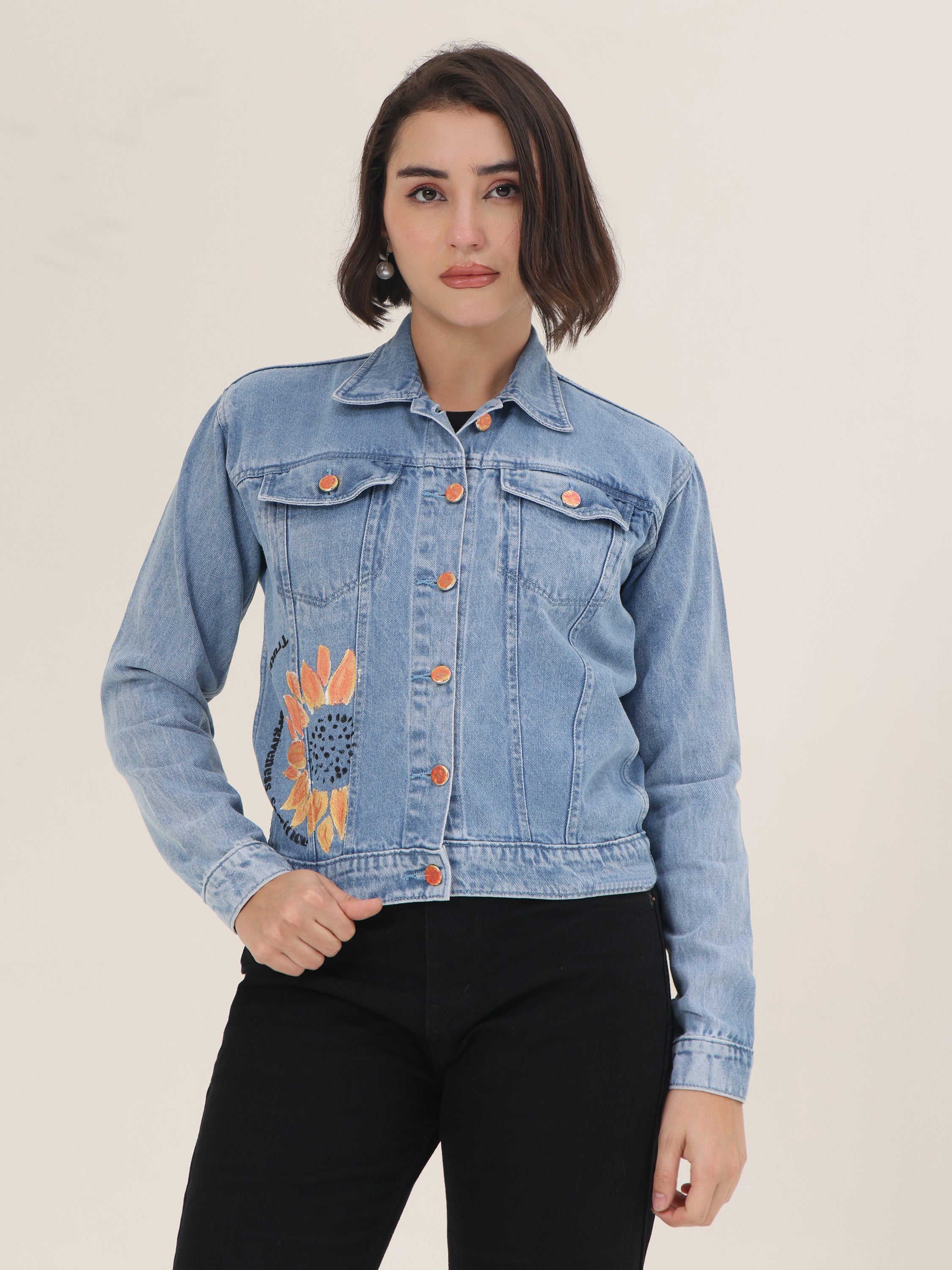 Sunflower Bloom Hand-Painted Denim Jacket for Women – Premium Light Blue Casual Wear