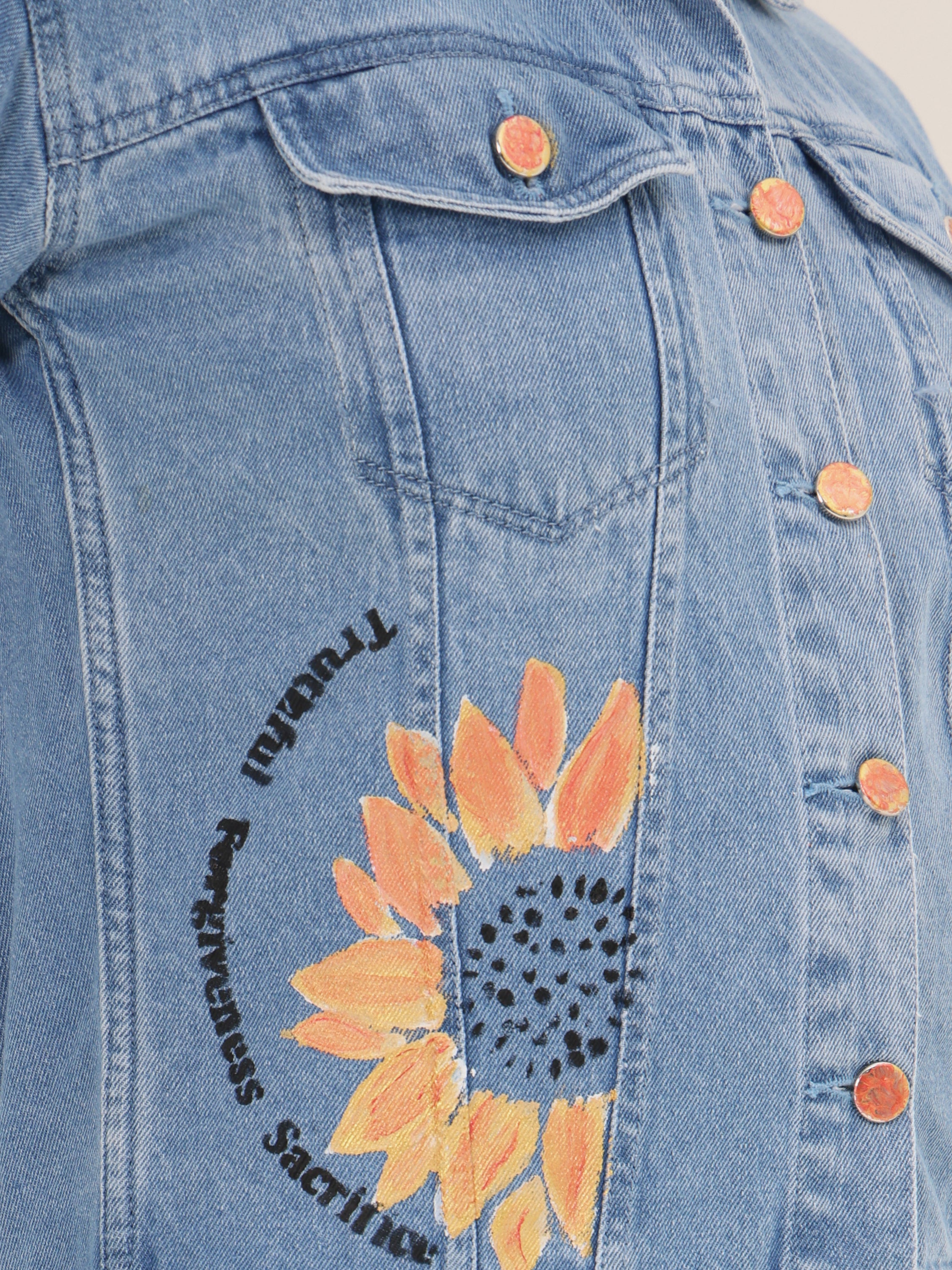 Sunflower Bloom Hand-Painted Denim Jacket for Women – Premium Light Blue Casual Wear