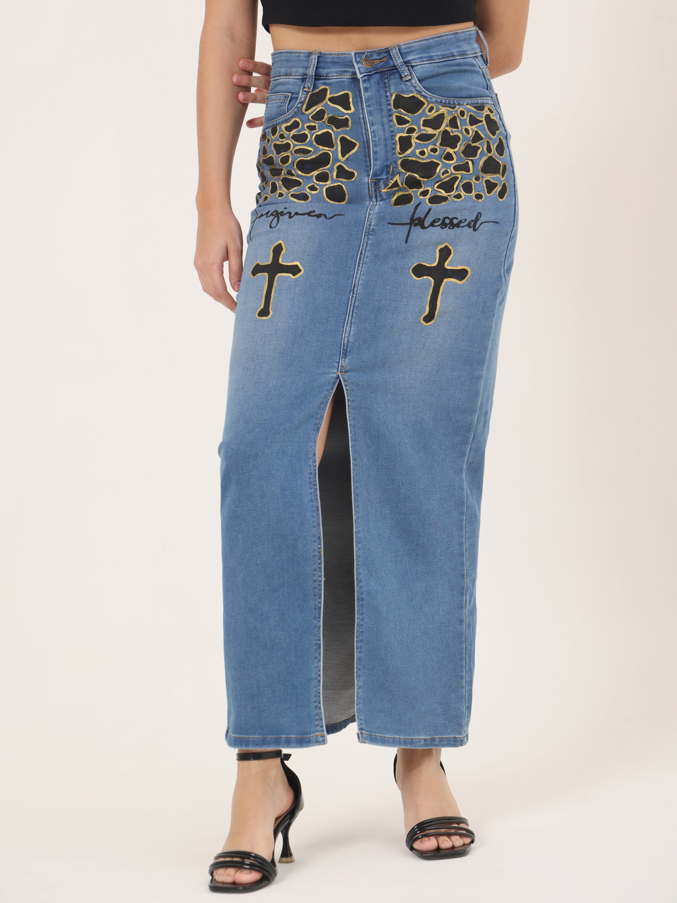 Forgiven Blessed Hand-Painted Denim Maxi Skirt for Women – Faith Edition