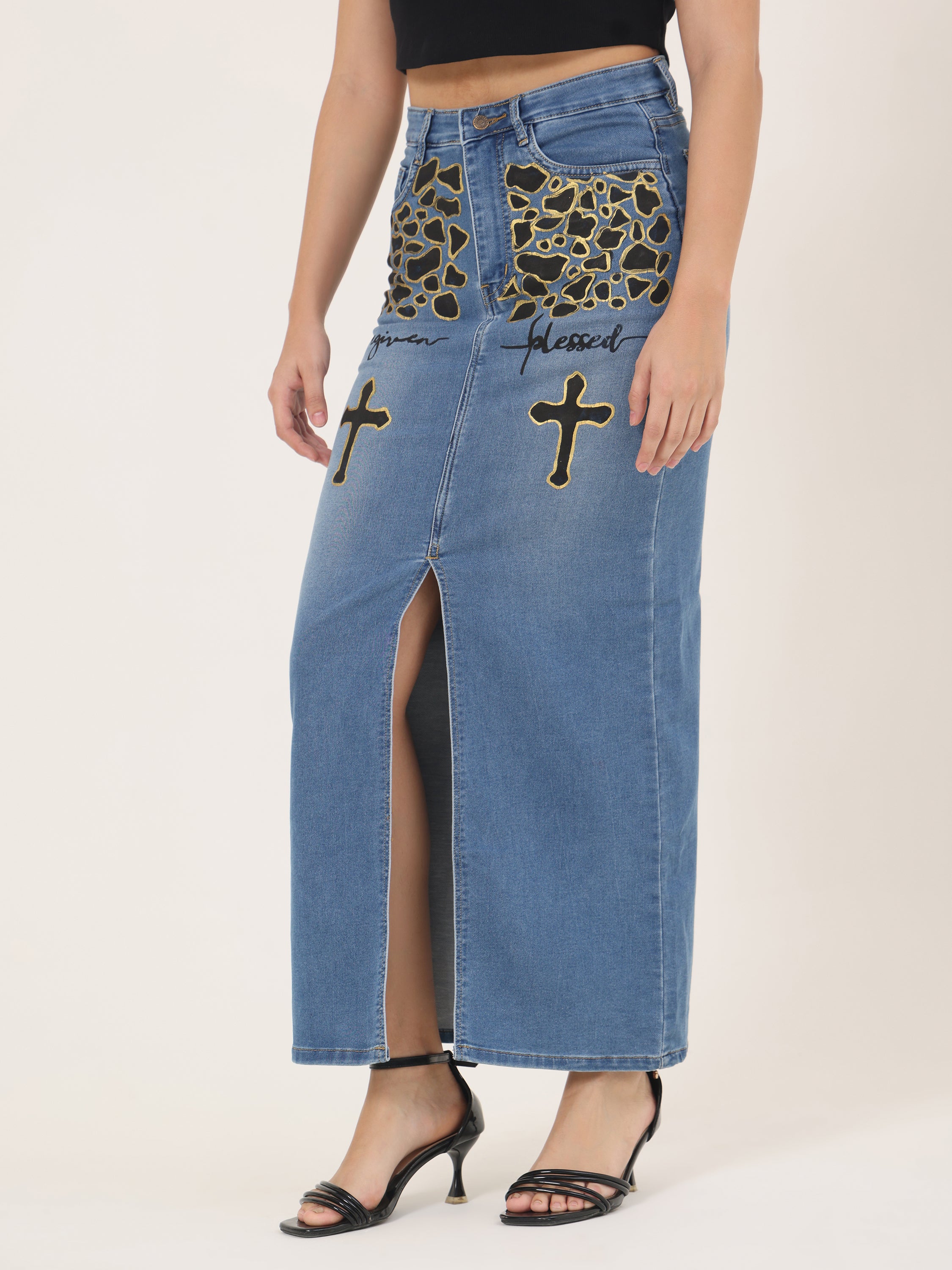 Forgiven Blessed Hand-Painted Denim Maxi Skirt for Women – Faith Edition