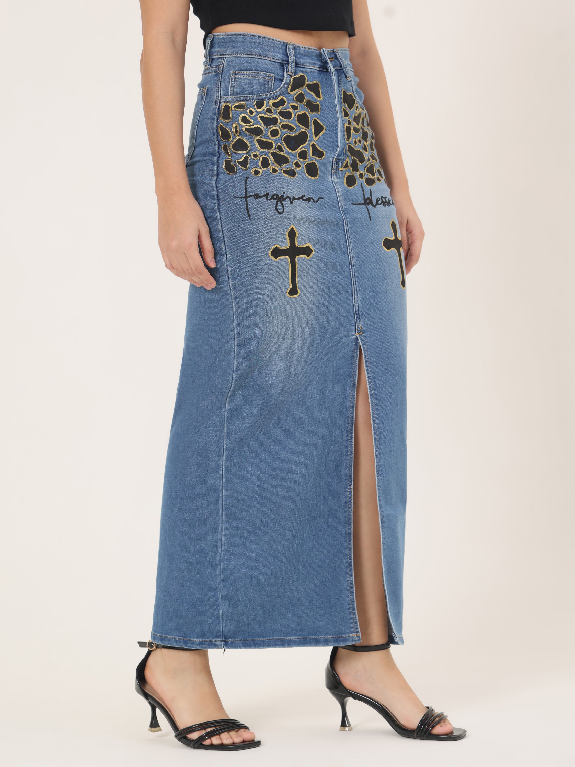 Forgiven Blessed Hand-Painted Denim Maxi Skirt for Women – Faith Edition