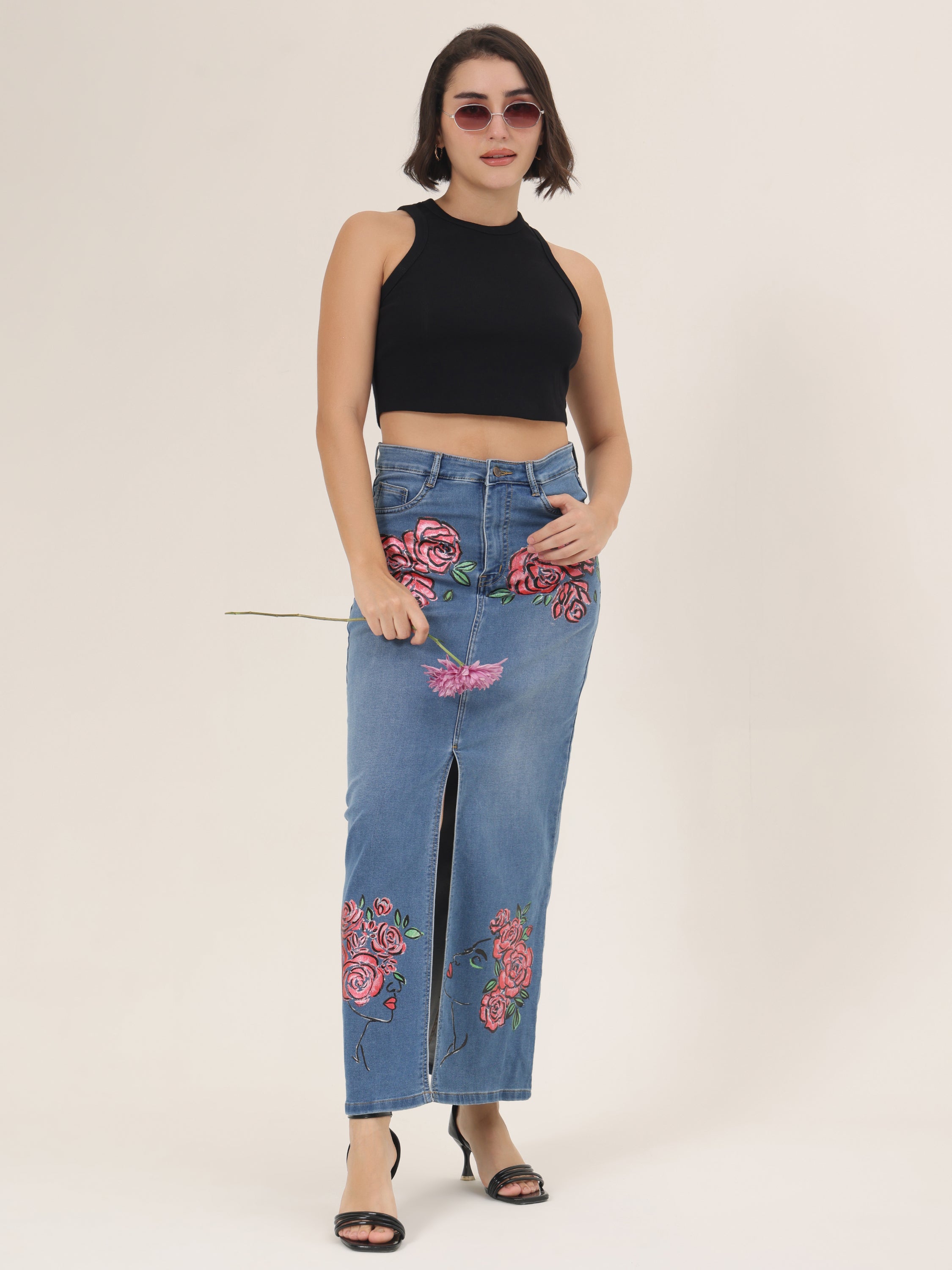 Hand-Painted Floral Denim Maxi Skirt for Women – Rose Bloom Art Edition