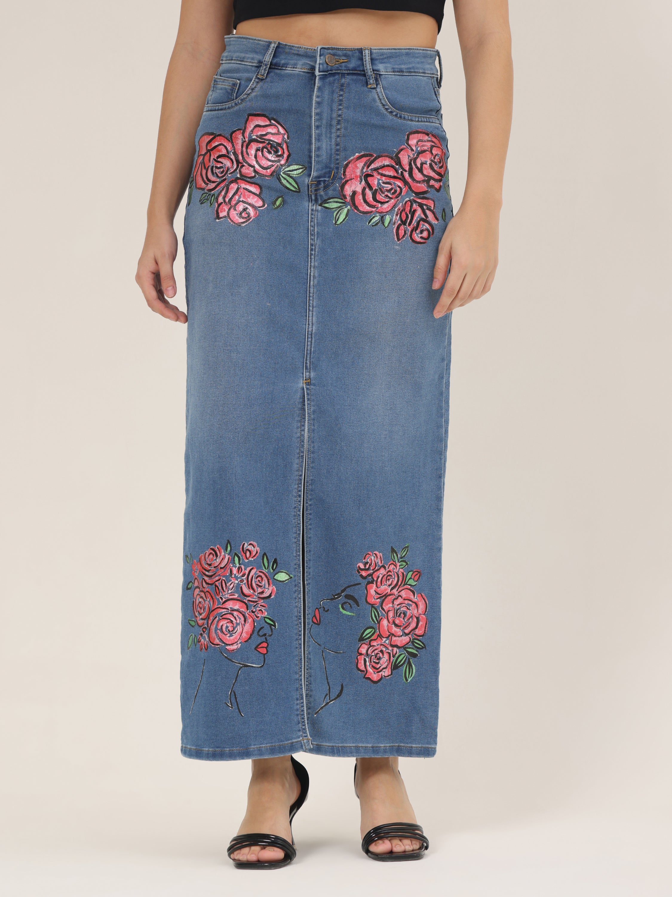 Hand-Painted Floral Denim Maxi Skirt for Women – Rose Bloom Art Edition