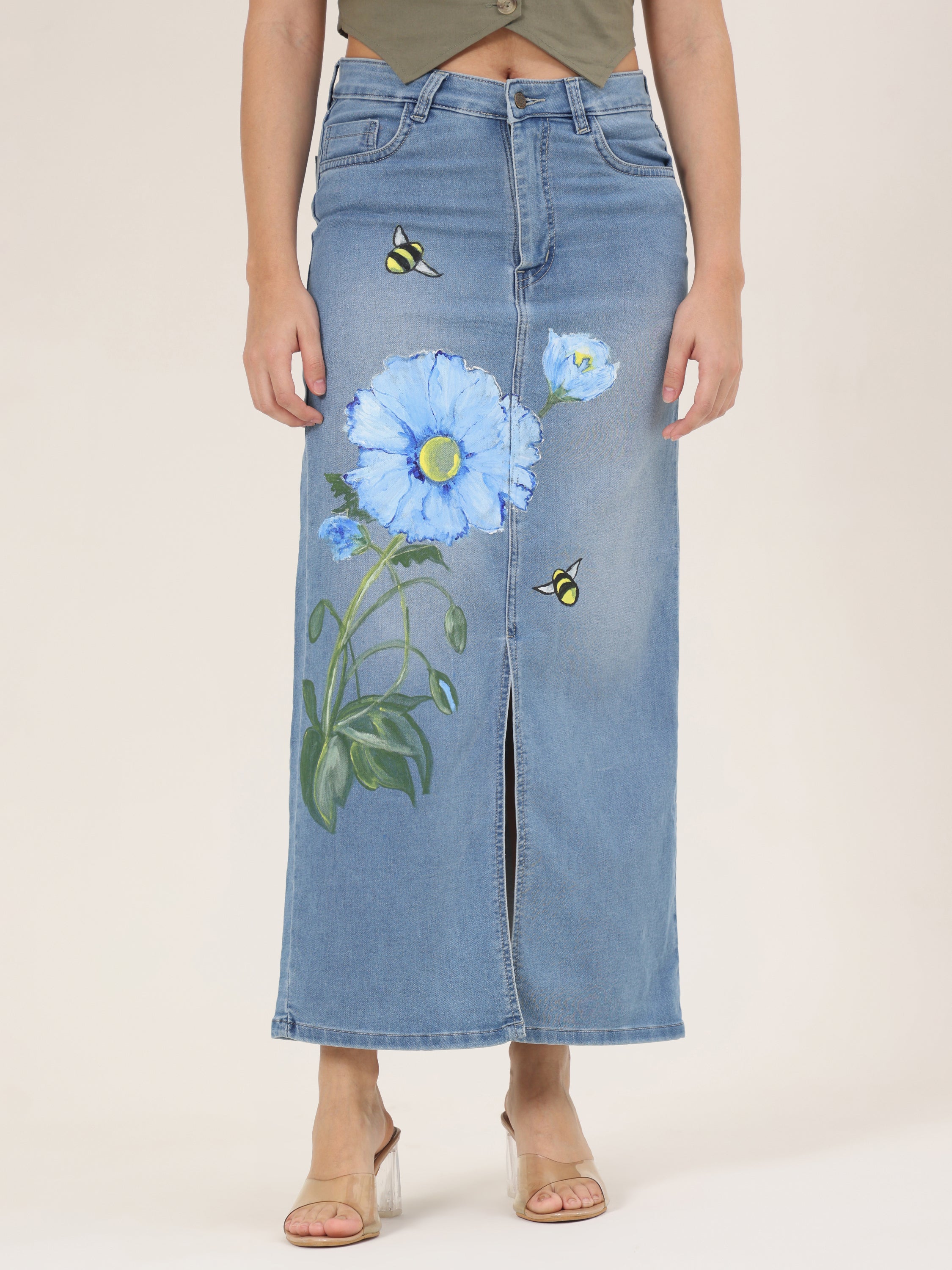 Blue Blossom Bee Hand-Painted Denim Maxi Skirt for Women