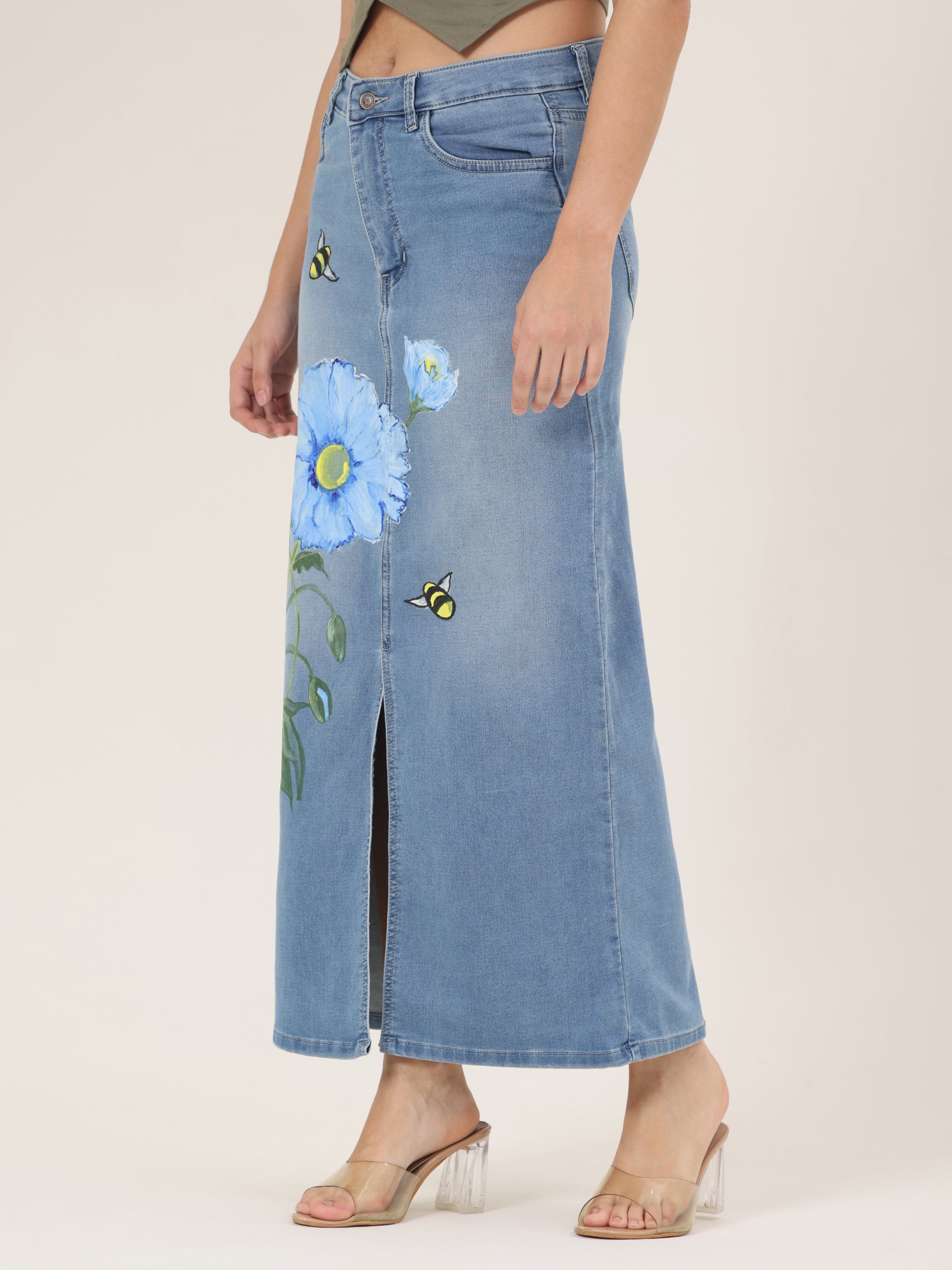 Blue Blossom Bee Hand-Painted Denim Maxi Skirt for Women
