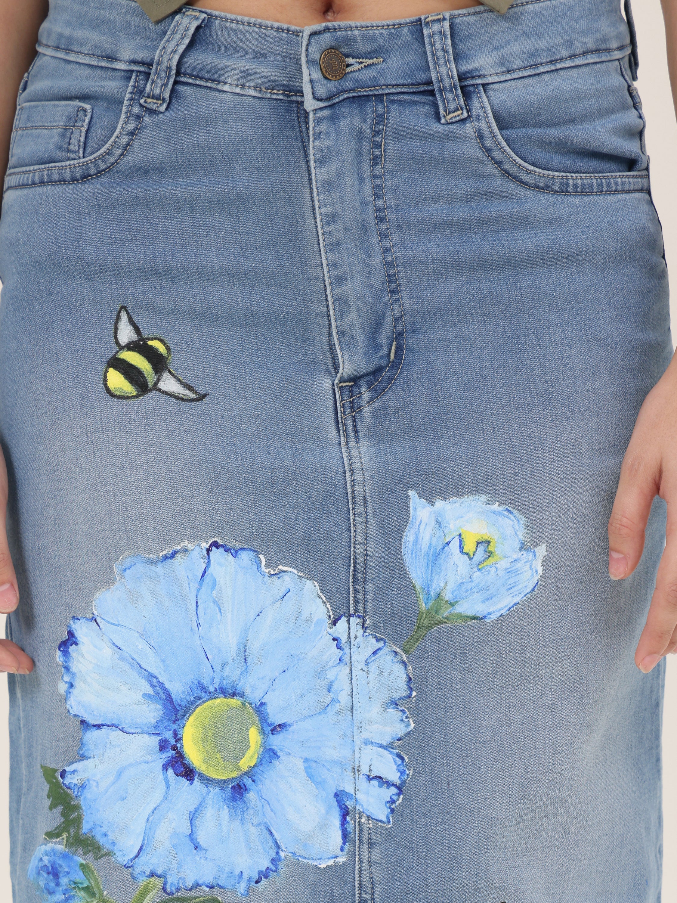 Blue Blossom Bee Hand-Painted Denim Maxi Skirt for Women