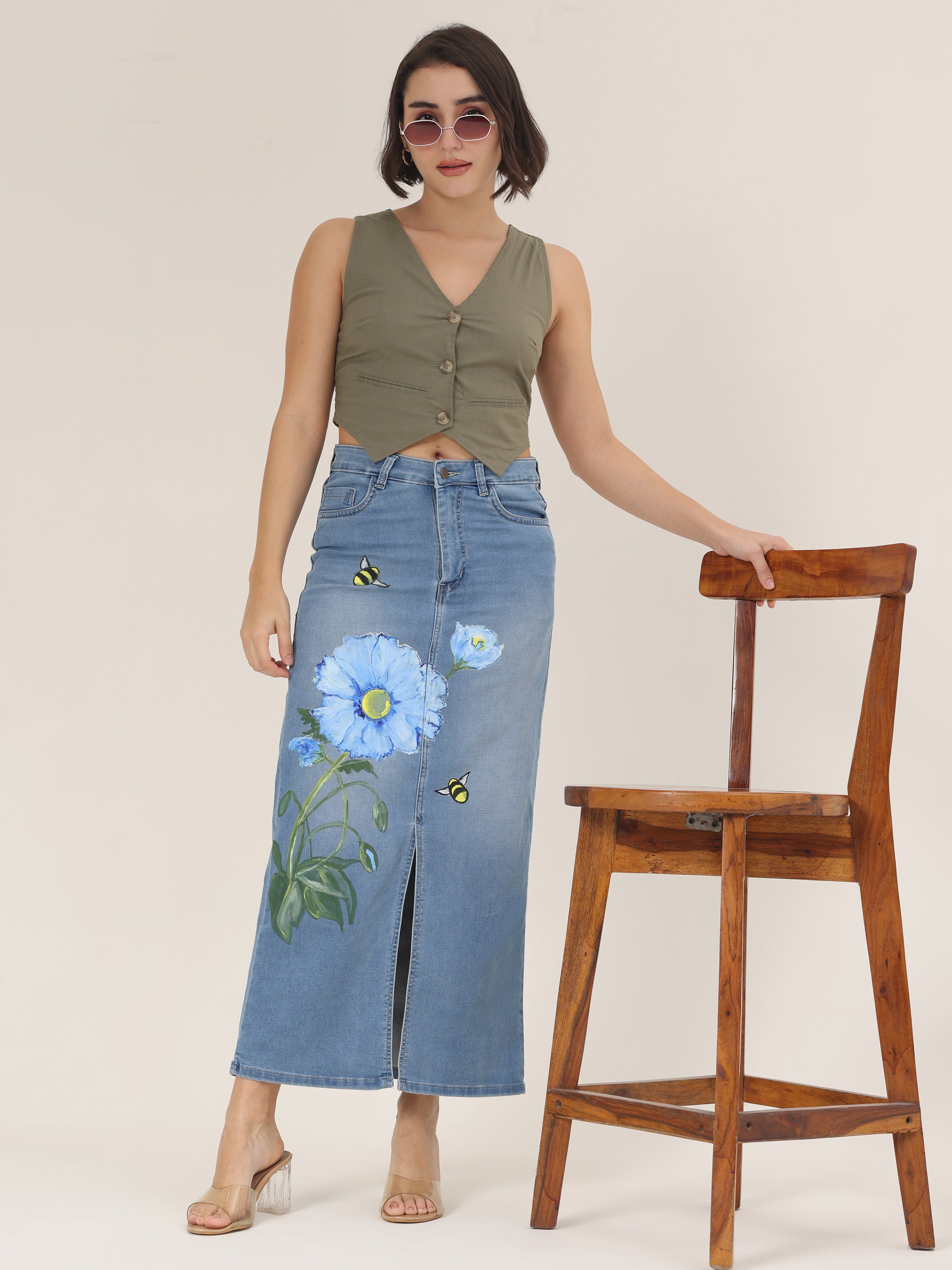 Blue Blossom Bee Hand-Painted Denim Maxi Skirt for Women