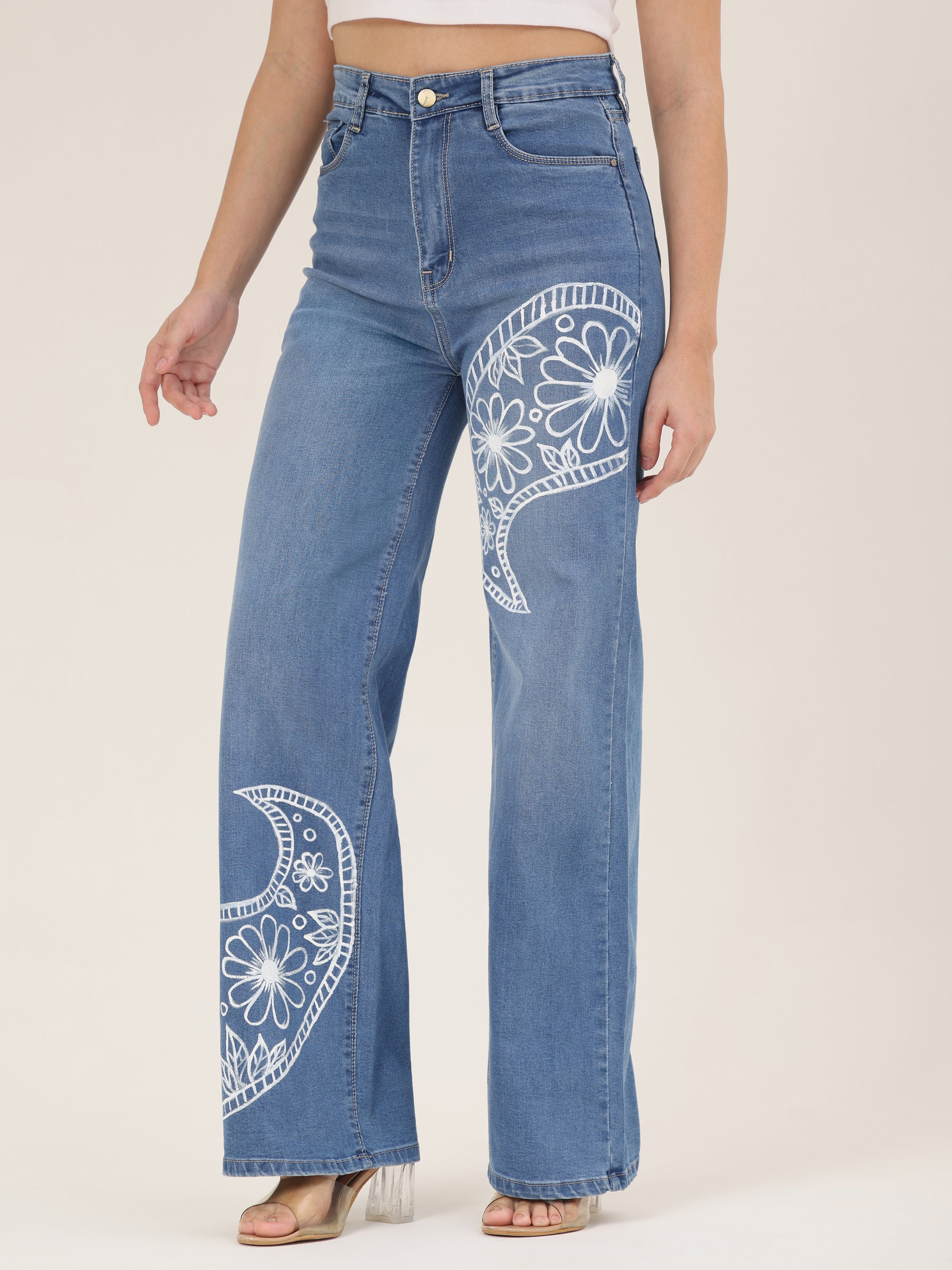 Floral Curve Hand-Painted Wide-Leg Denim Jeans for Women – Premium Artistic High-Waist Jeans