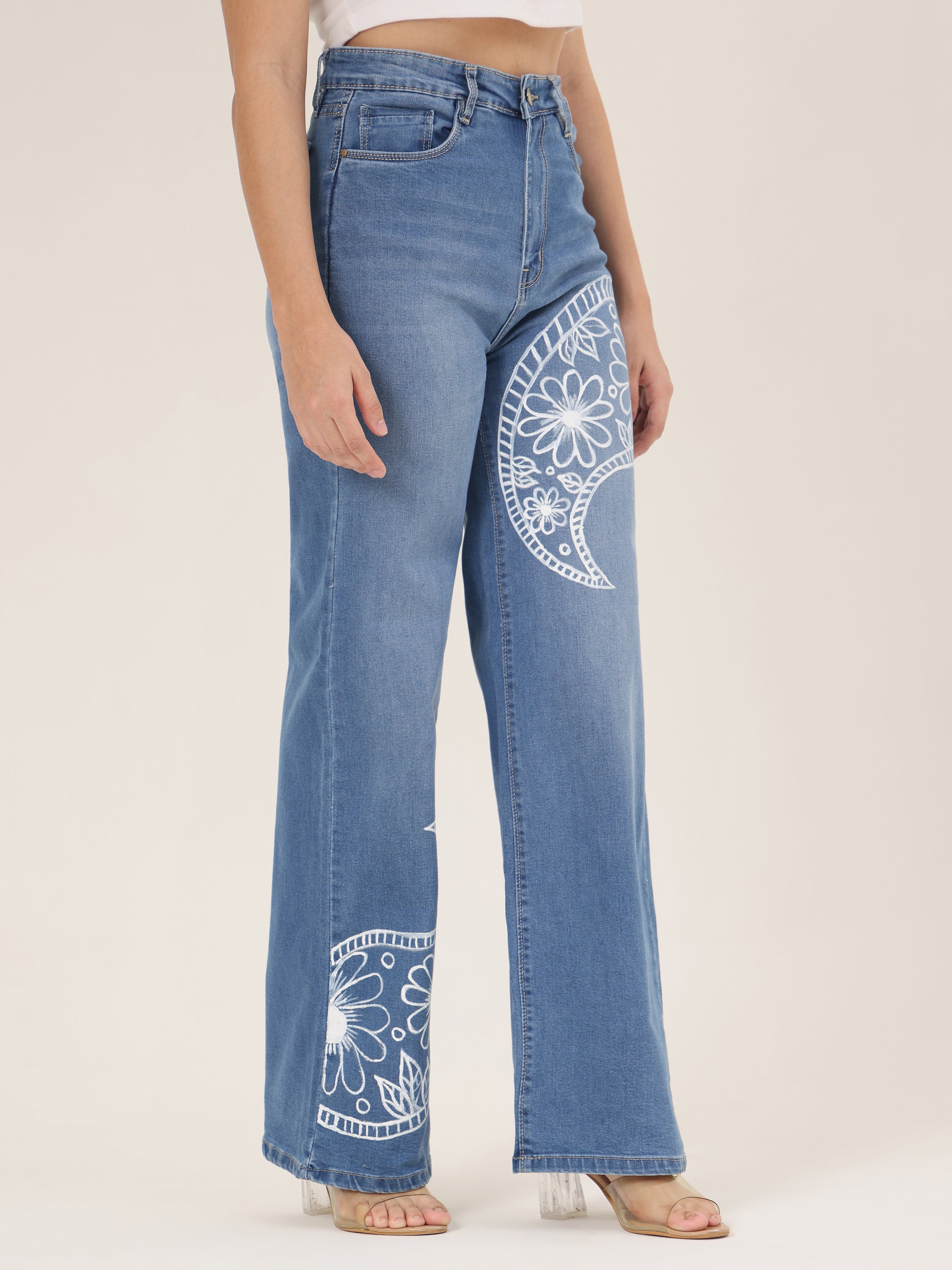 Floral Curve Hand-Painted Wide-Leg Denim Jeans for Women – Premium Artistic High-Waist Jeans