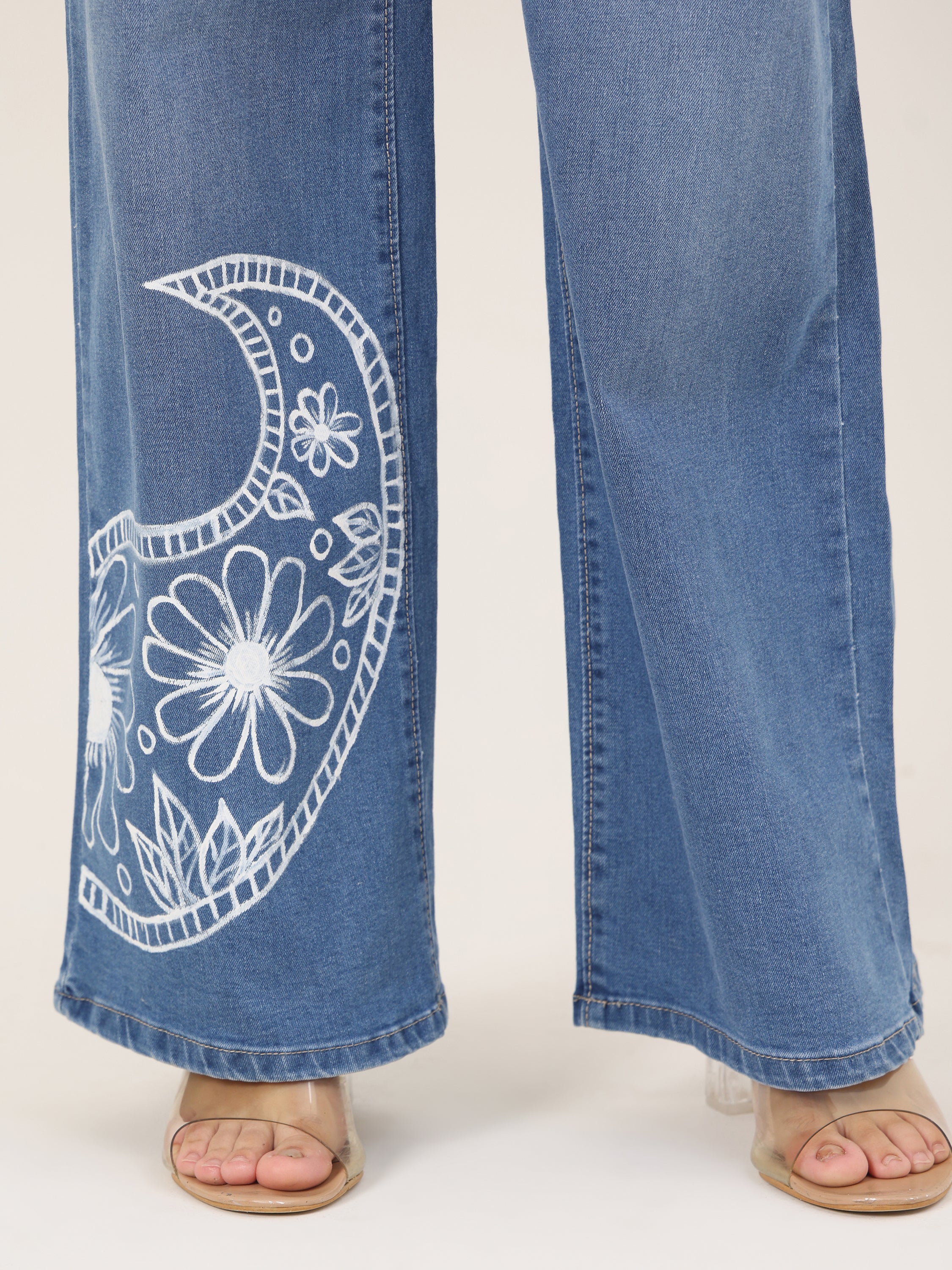 Floral Curve Hand-Painted Wide-Leg Denim Jeans for Women – Premium Artistic High-Waist Jeans