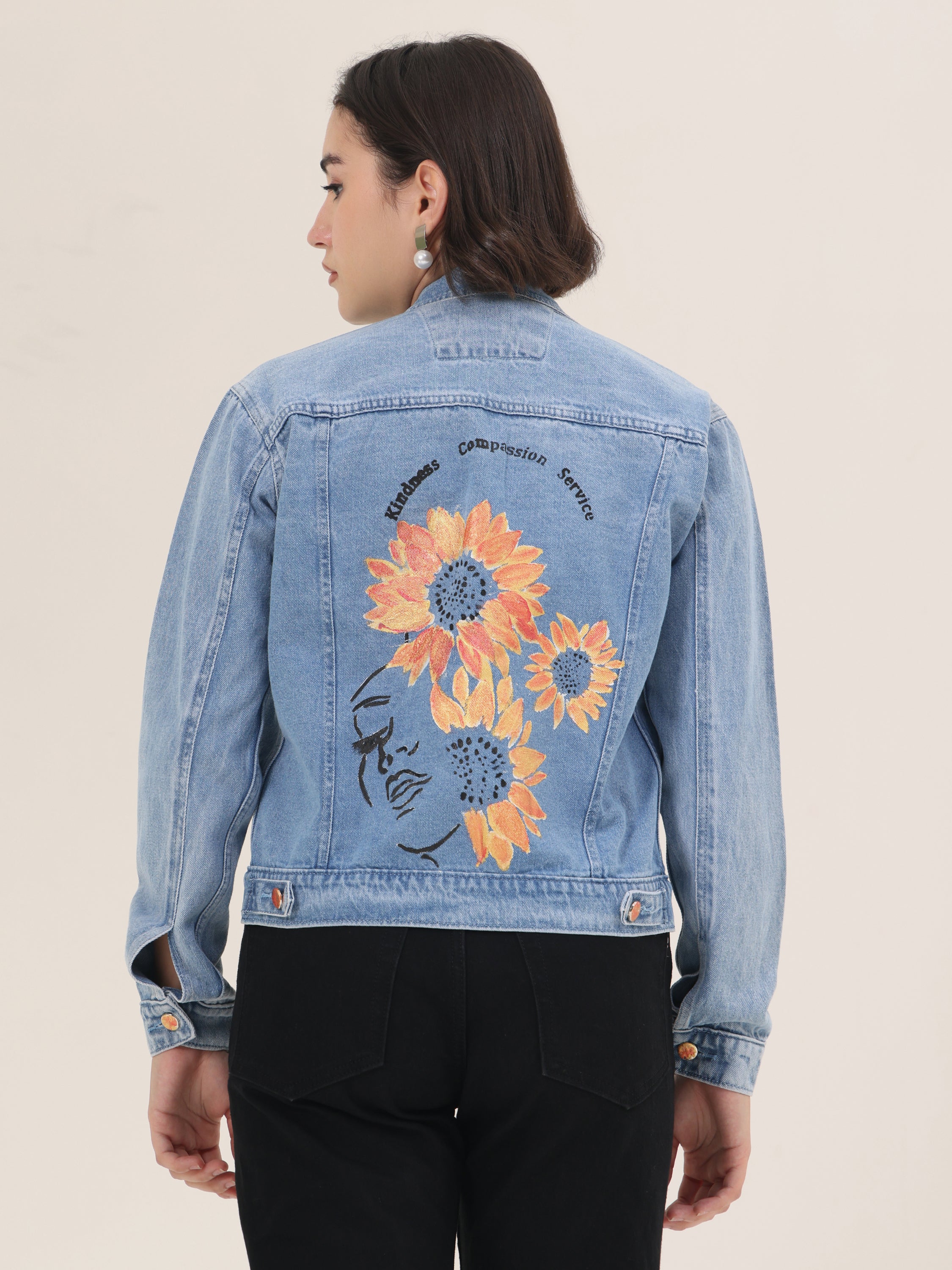 Sunflower Bloom Hand-Painted Denim Jacket for Women – Premium Light Blue Casual Wear