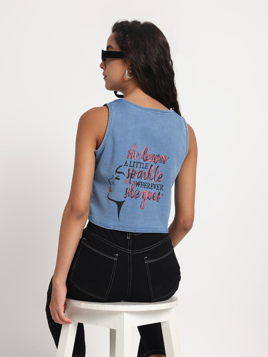 Sassy Sunglasses Denim Top