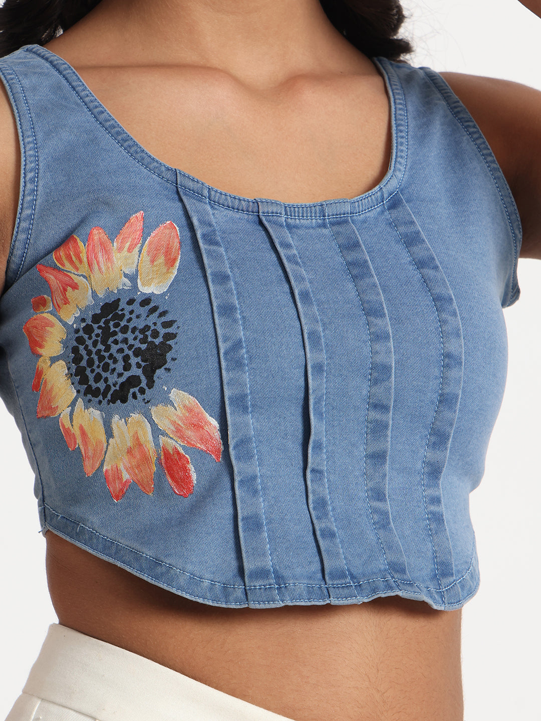 Sunflower Bliss Hand-Painted Denim Crop Top