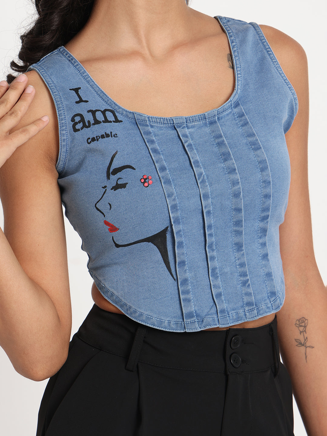 Empowered Beauty Hand-Painted Denim Crop Top