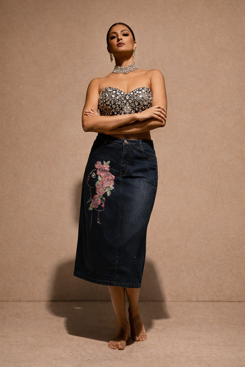 Rise in Bloom Hand-Painted Denim Skirt