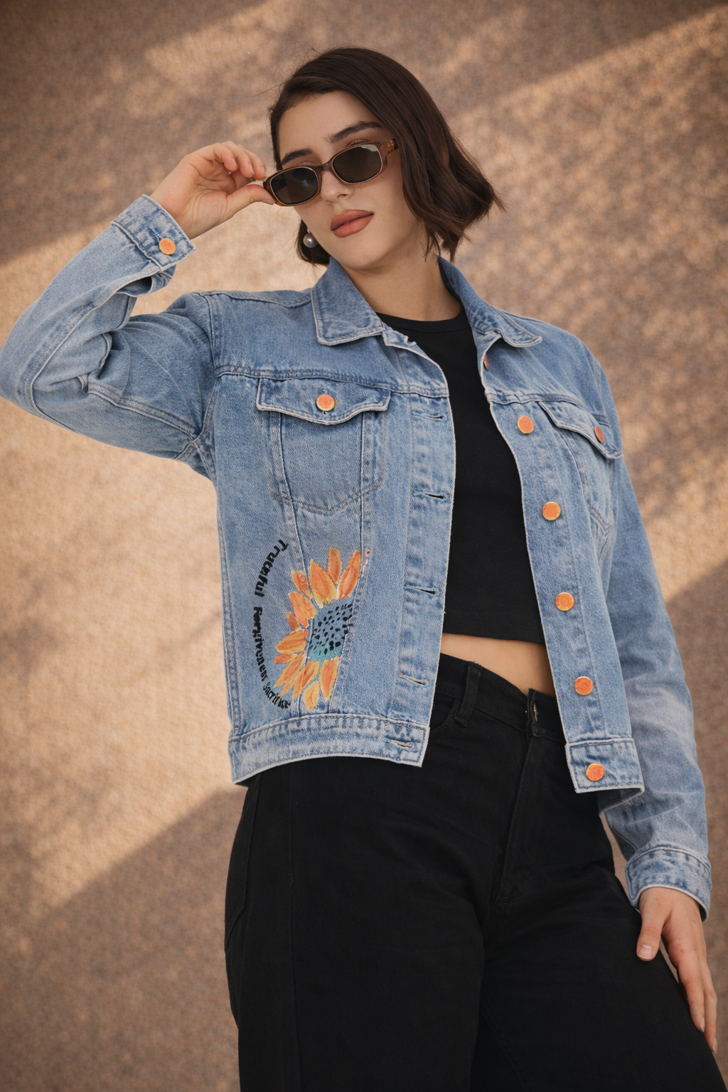 Sunflower Bloom Hand-Painted Denim Jacket for Women – Premium Light Blue Casual Wear