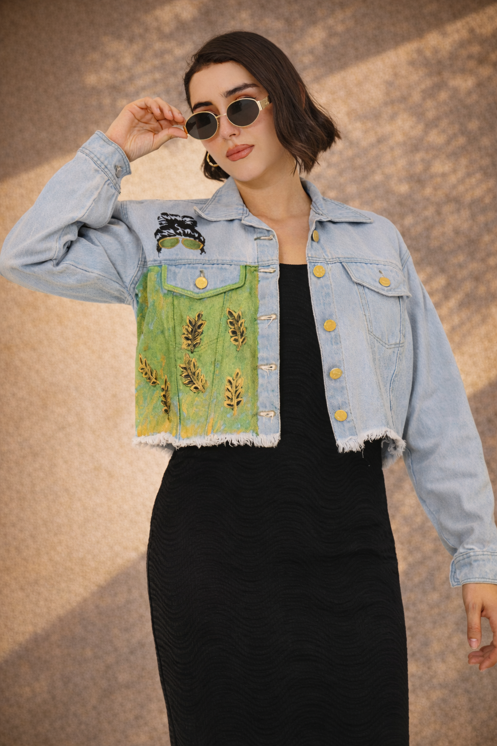 Green Harvest Hand-Painted Cropped Denim Jacket for Women – Nature Art Edition