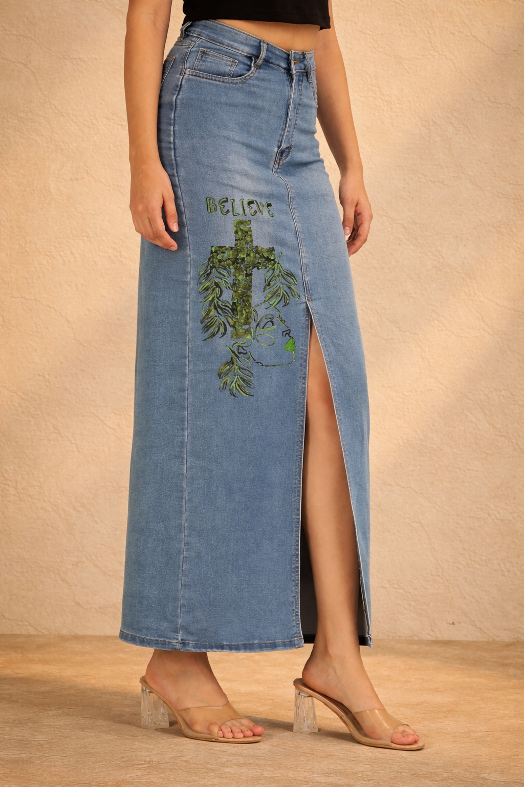 Believe In Bloom Hand-Painted Denim Maxi Skirt