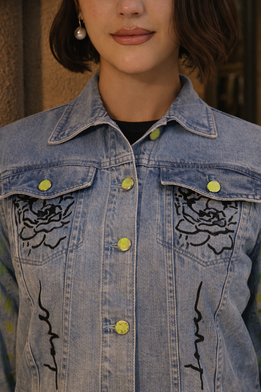 Love Muse Hand-Painted Denim Jacket for Women – Artistic Floral Outline Edition