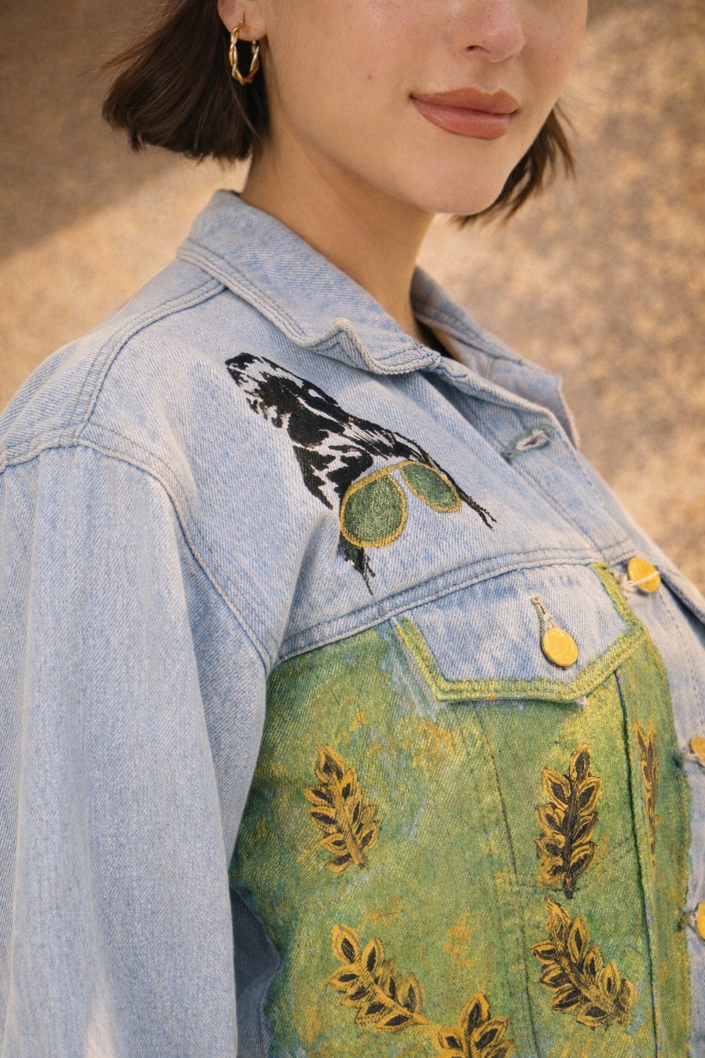 Green Harvest Hand-Painted Cropped Denim Jacket for Women – Nature Art Edition