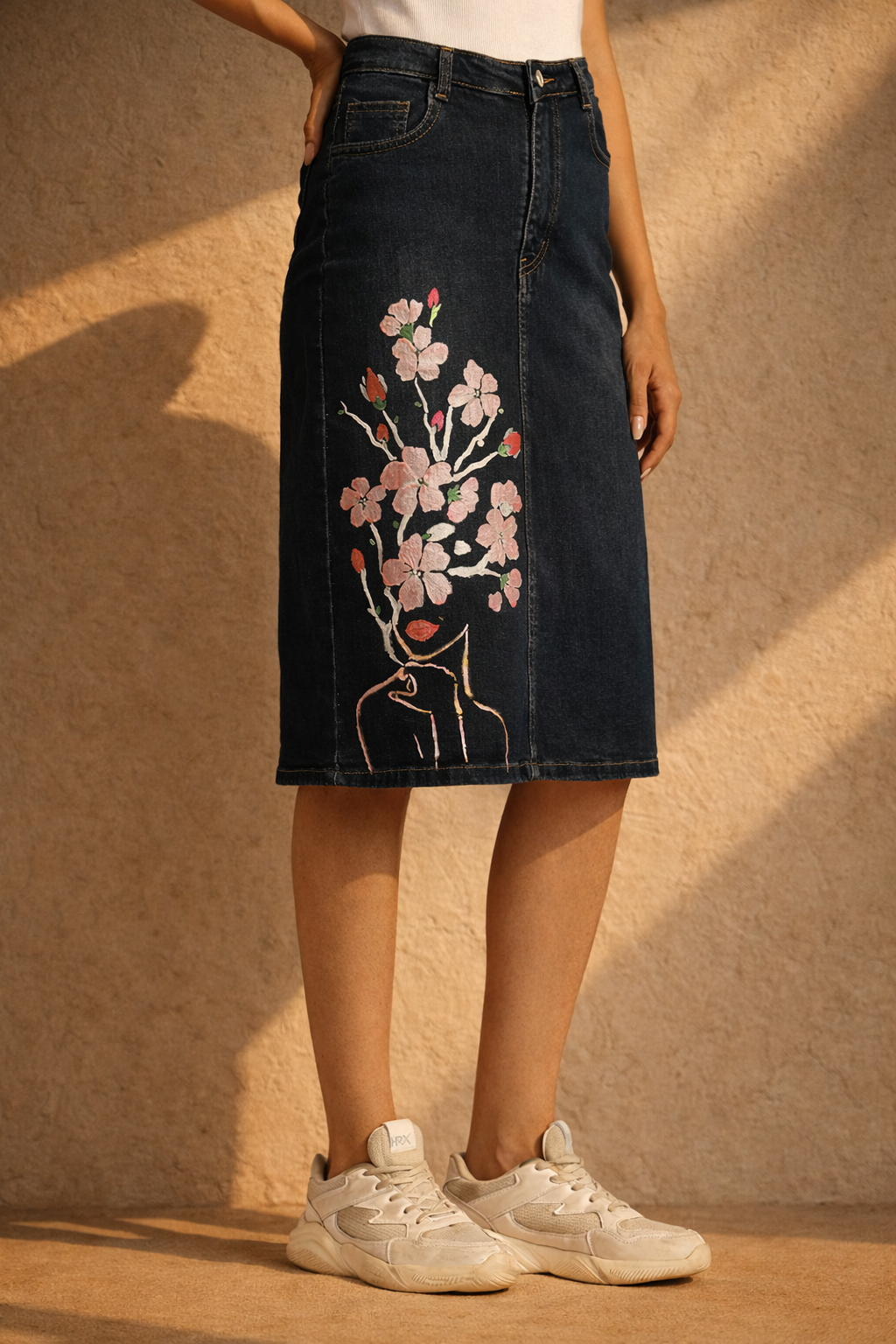 Blossom Elegance Hand-Painted Jeans Skirt For Women