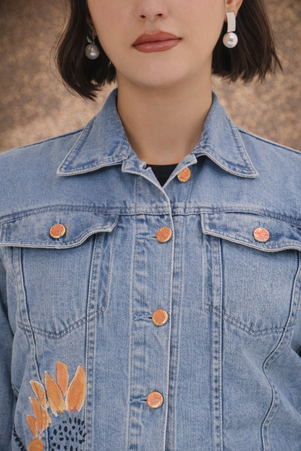 Sunflower Bloom Hand-Painted Denim Jacket for Women – Premium Light Blue Casual Wear