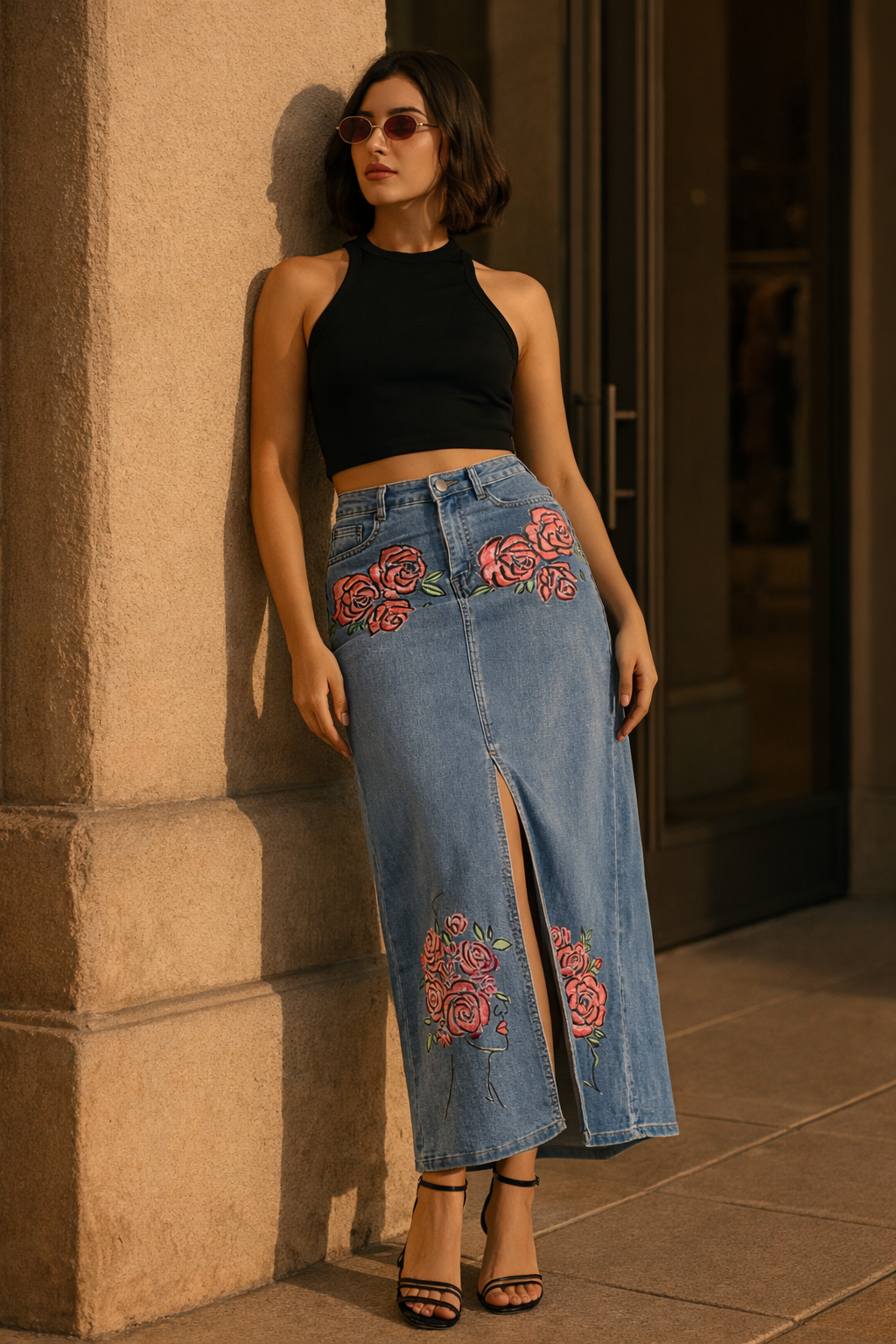 Hand-Painted Floral Denim Maxi Skirt for Women – Rose Bloom Art Edition
