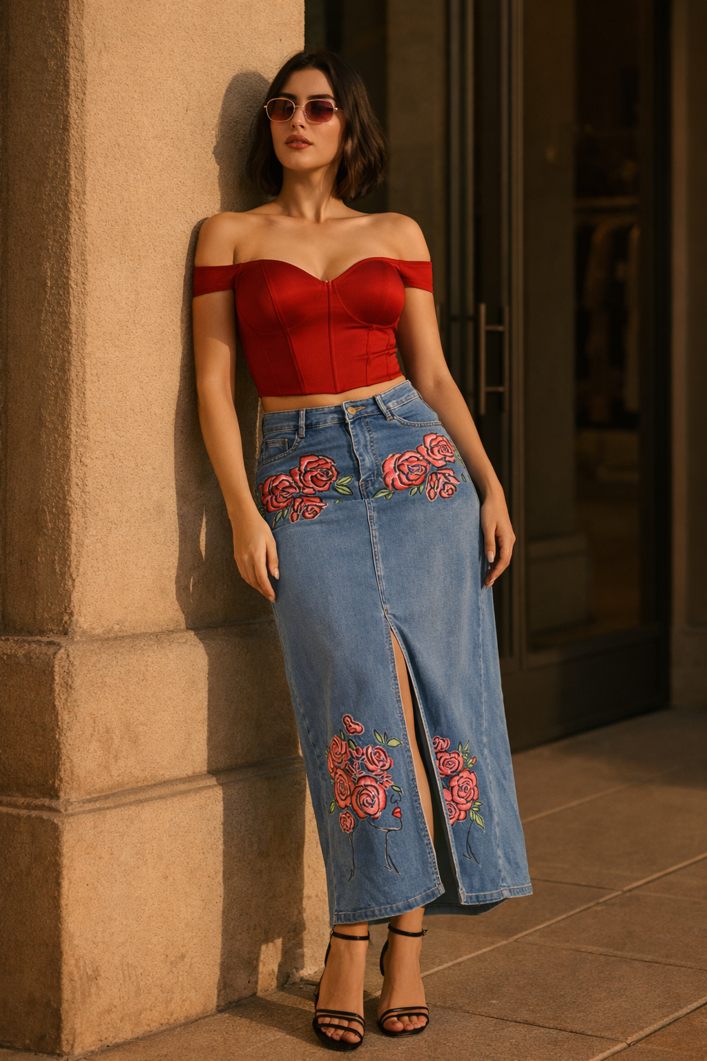 Hand-Painted Floral Denim Maxi Skirt for Women – Rose Bloom Art Edition