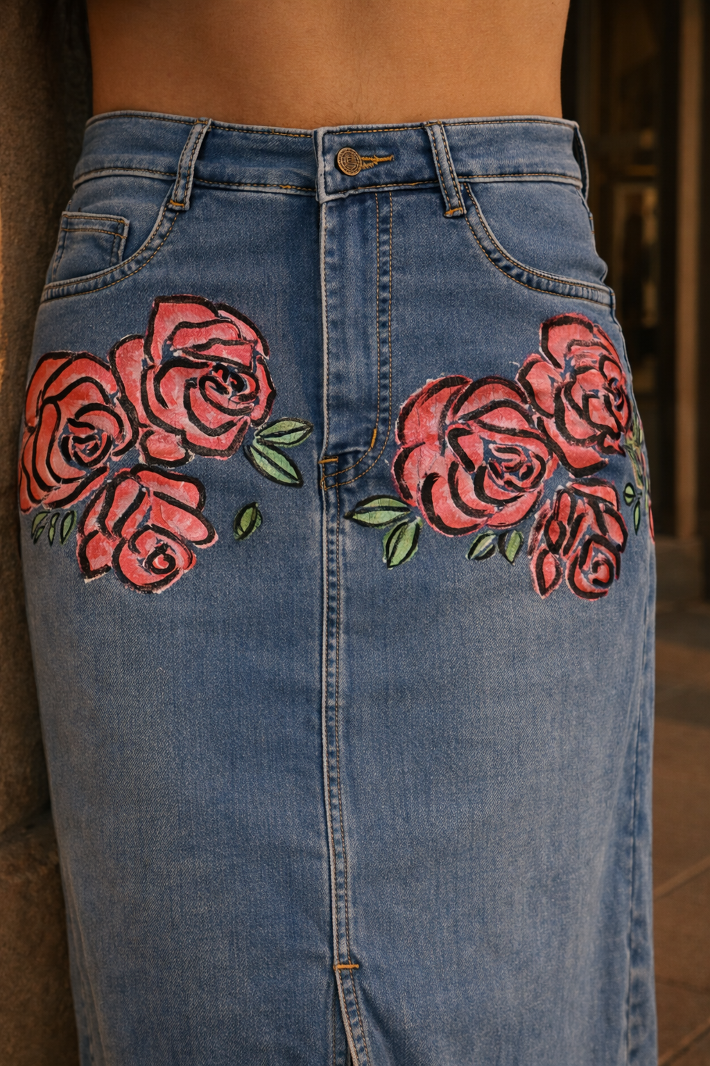 Hand-Painted Floral Denim Maxi Skirt for Women – Rose Bloom Art Edition