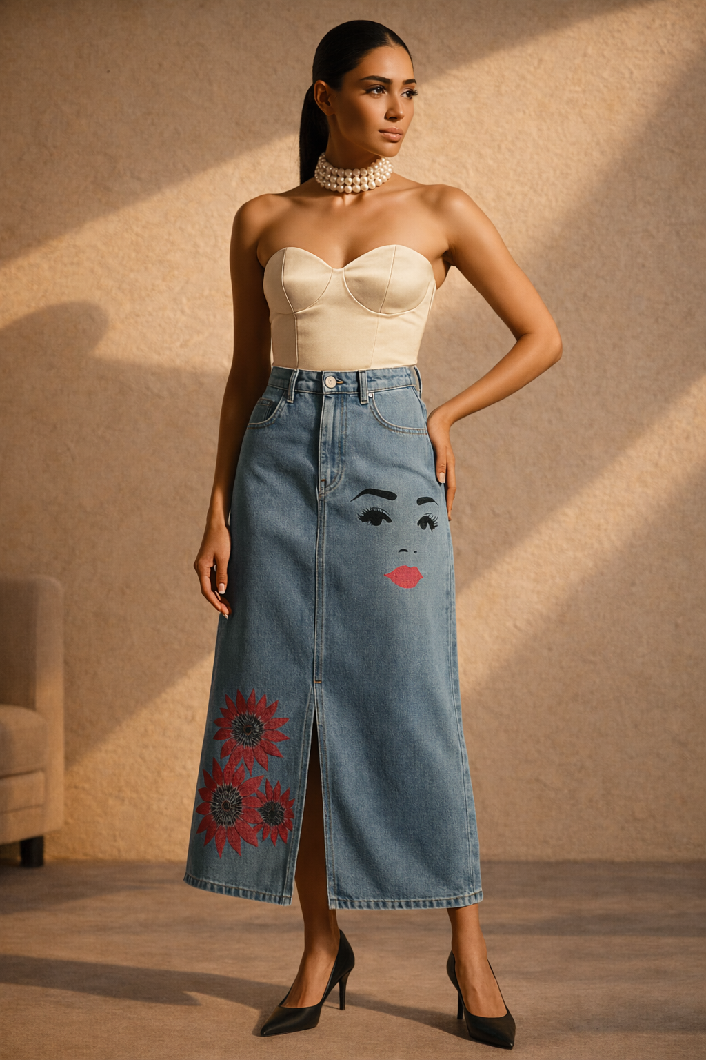 Winking Beauty Denim Hand Painted Denim Skirt