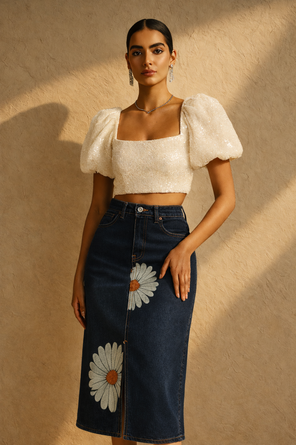 Daisy Dream Denim Front Cut Skirt Hand Painted