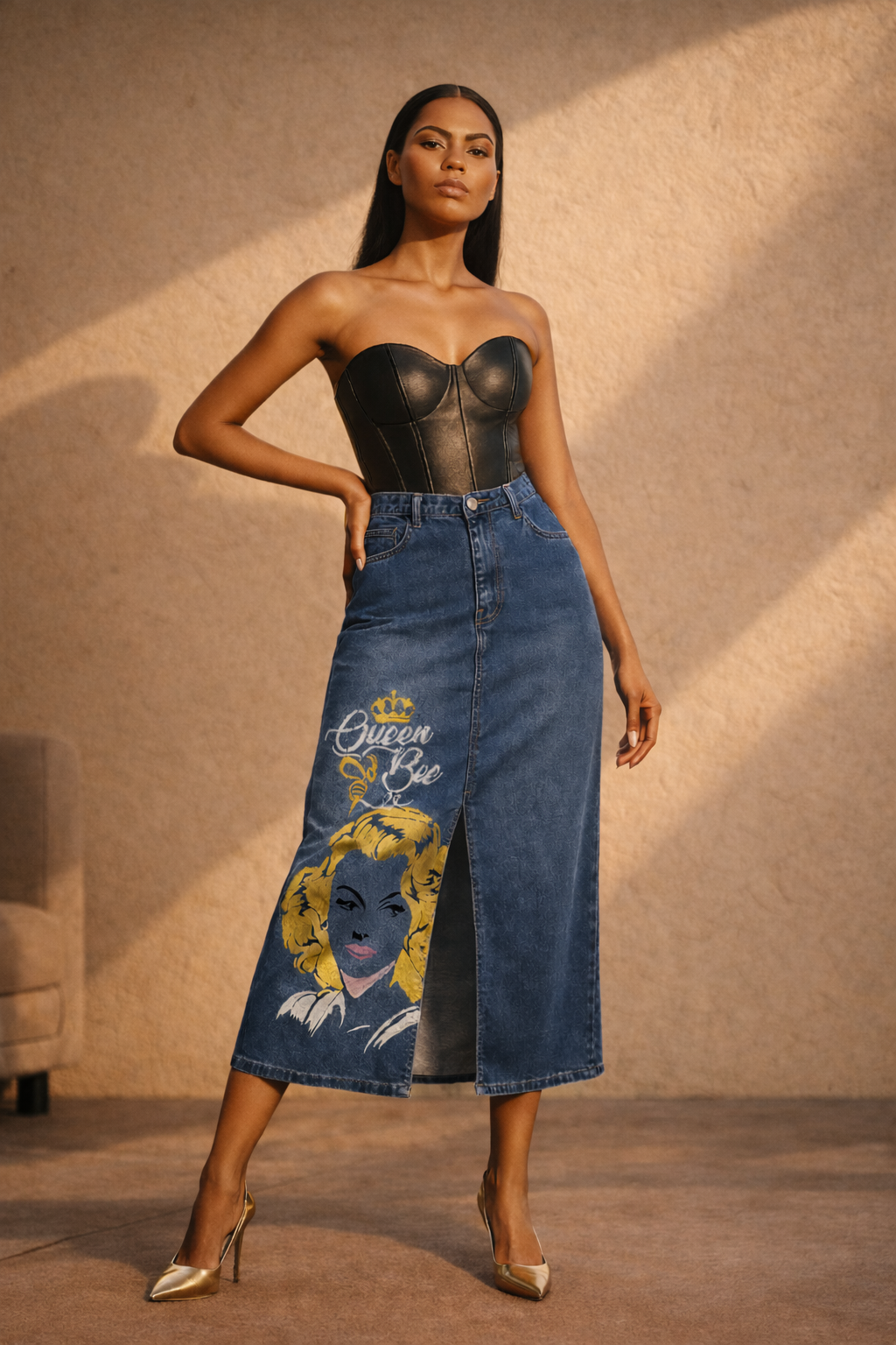 Gotamoda Queen Bee Denim Midi Skirt