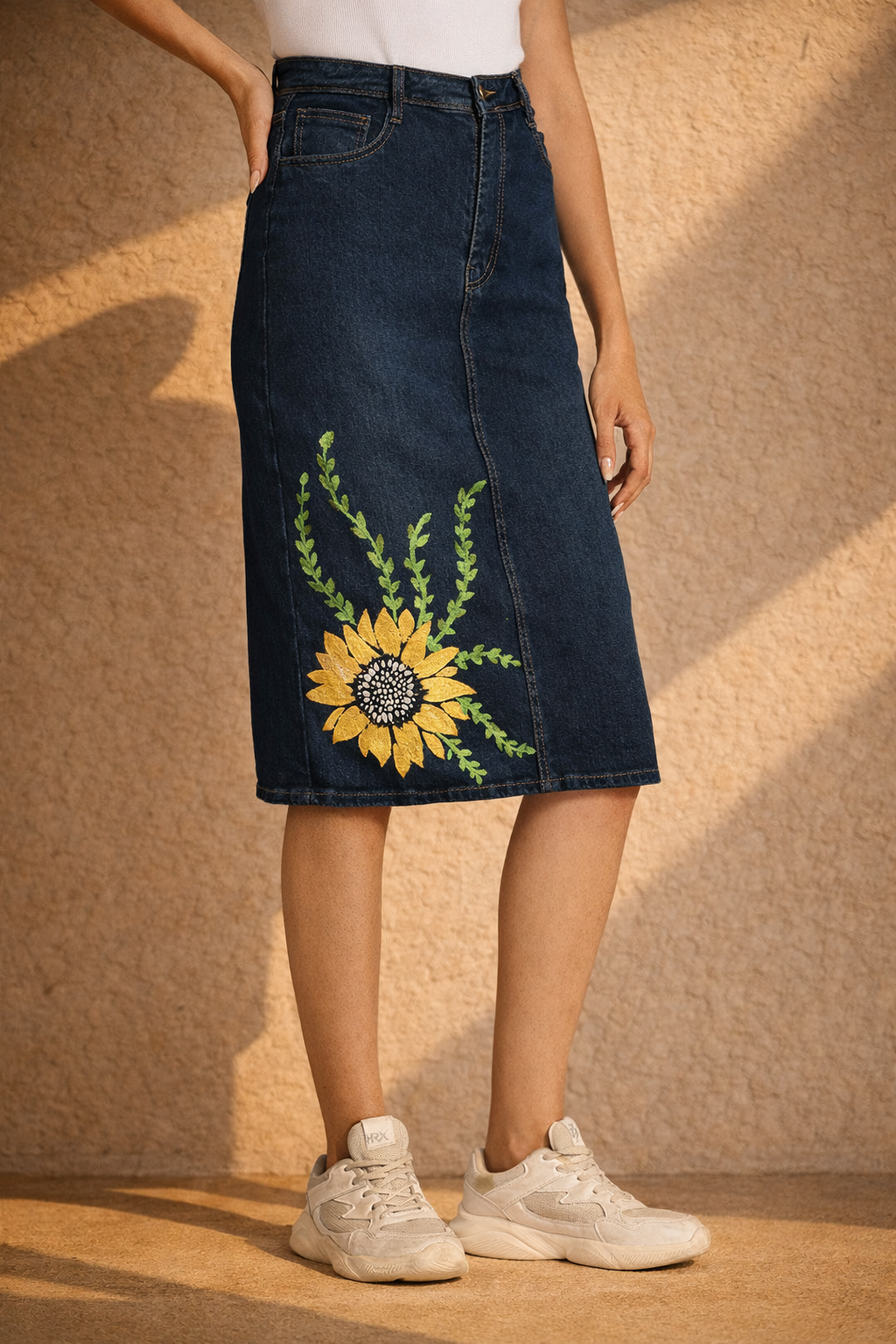 Sunflower Bloom Hand-Painted Denim Skirt