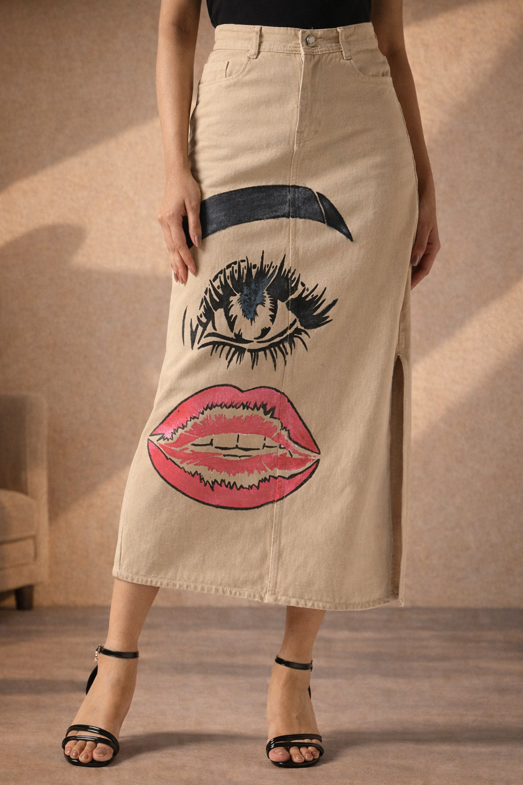 Pop Art Glam Hand Painted Denim Skirt
