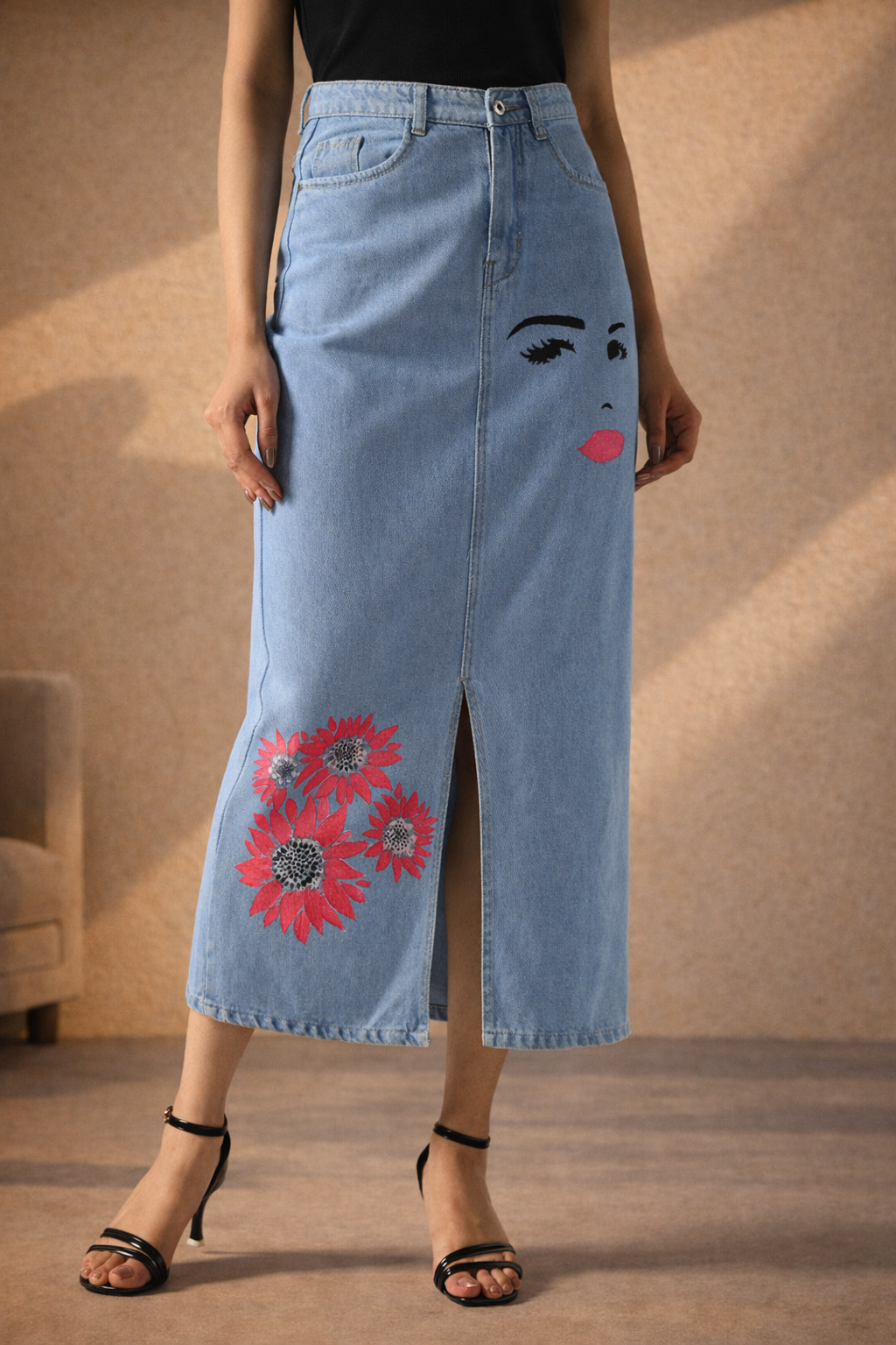 Winking Beauty Denim Hand Painted Denim Skirt