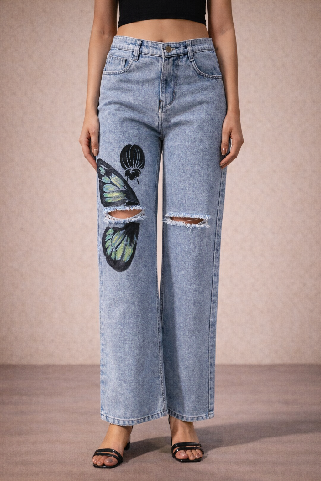 Monarch Butterfly-Non Stretch Hand Painted Jeans High-Rise Distressed