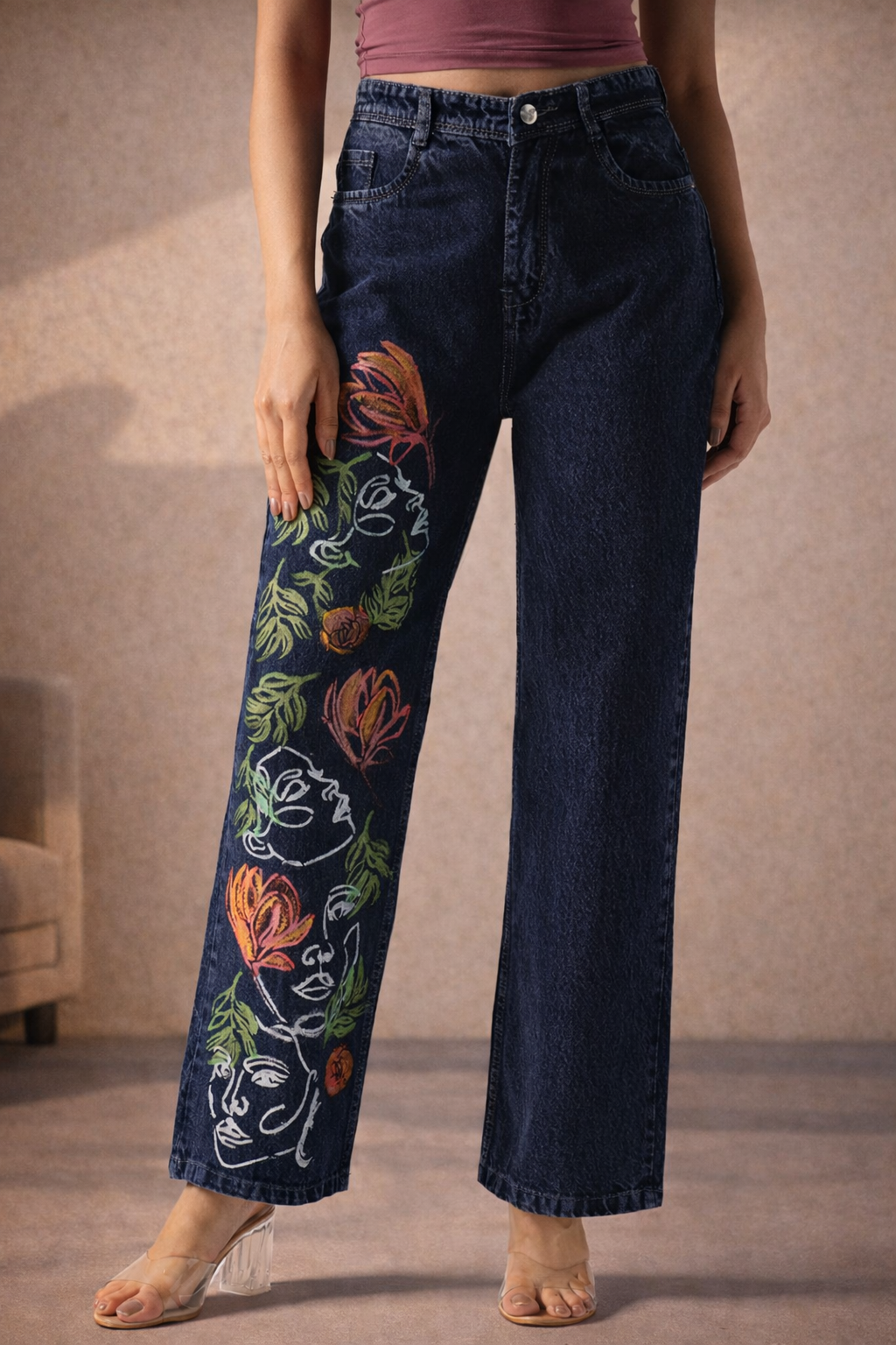 Floral Faces Art Hand Painted Jeans